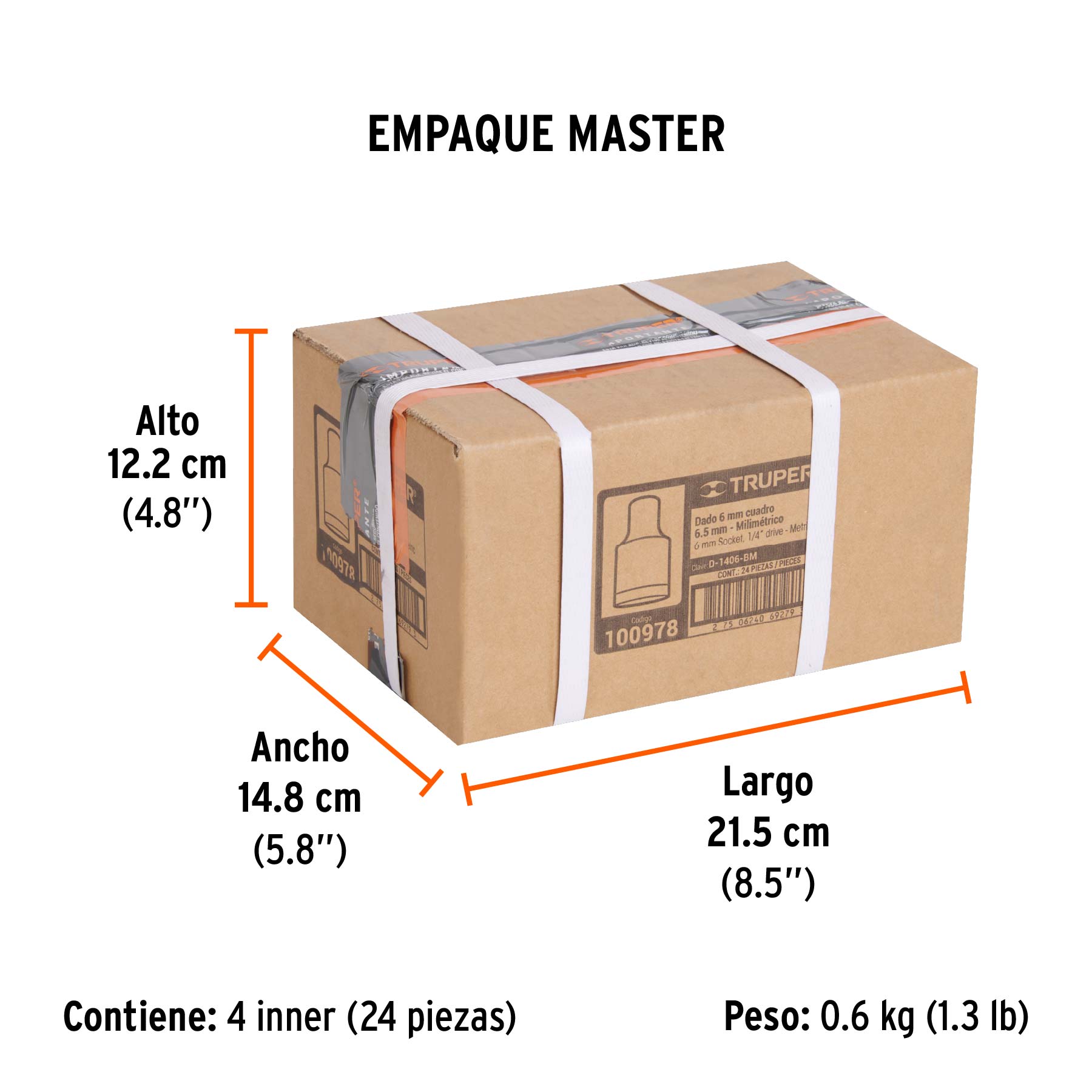 Dado de 6 mm, 12 puntas, cuadro 1/4", TRUPER - Empaque
