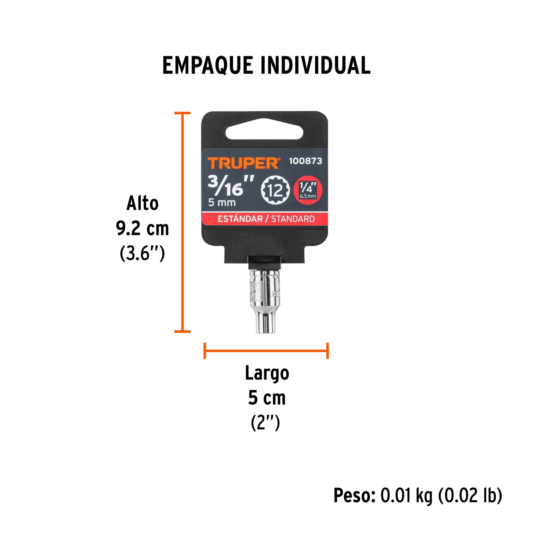 Dado de 3/16", 12 puntas, cuadro 1/4", TRUPER - Empaque