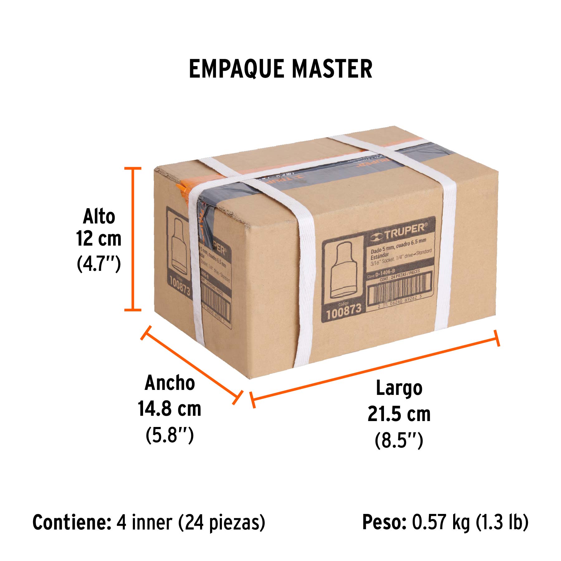 Dado de 3/16", 12 puntas, cuadro 1/4", TRUPER - Empaque