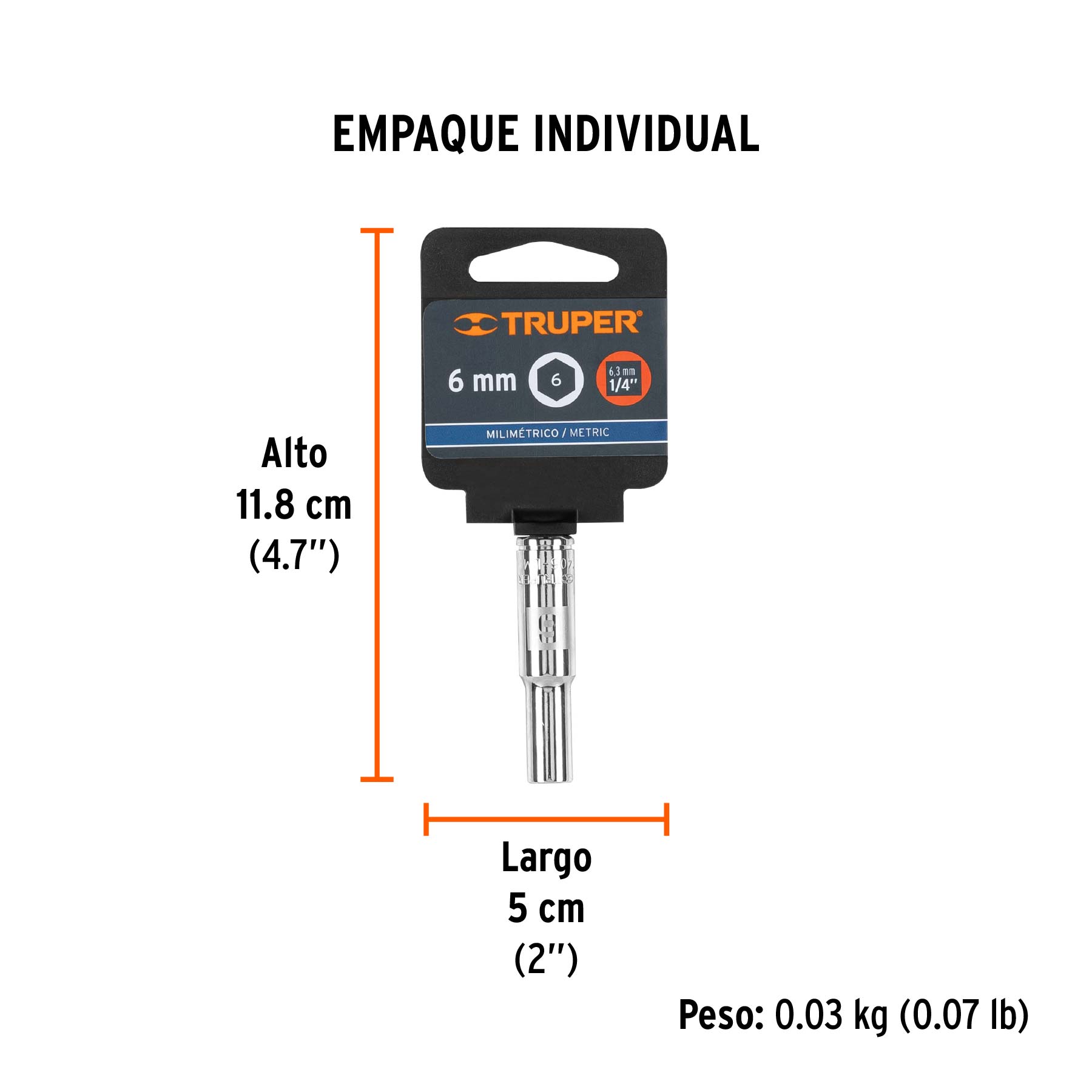 Dado largo de 6 mm, 6 puntas, cuadro 1/4", TRUPER - Empaque