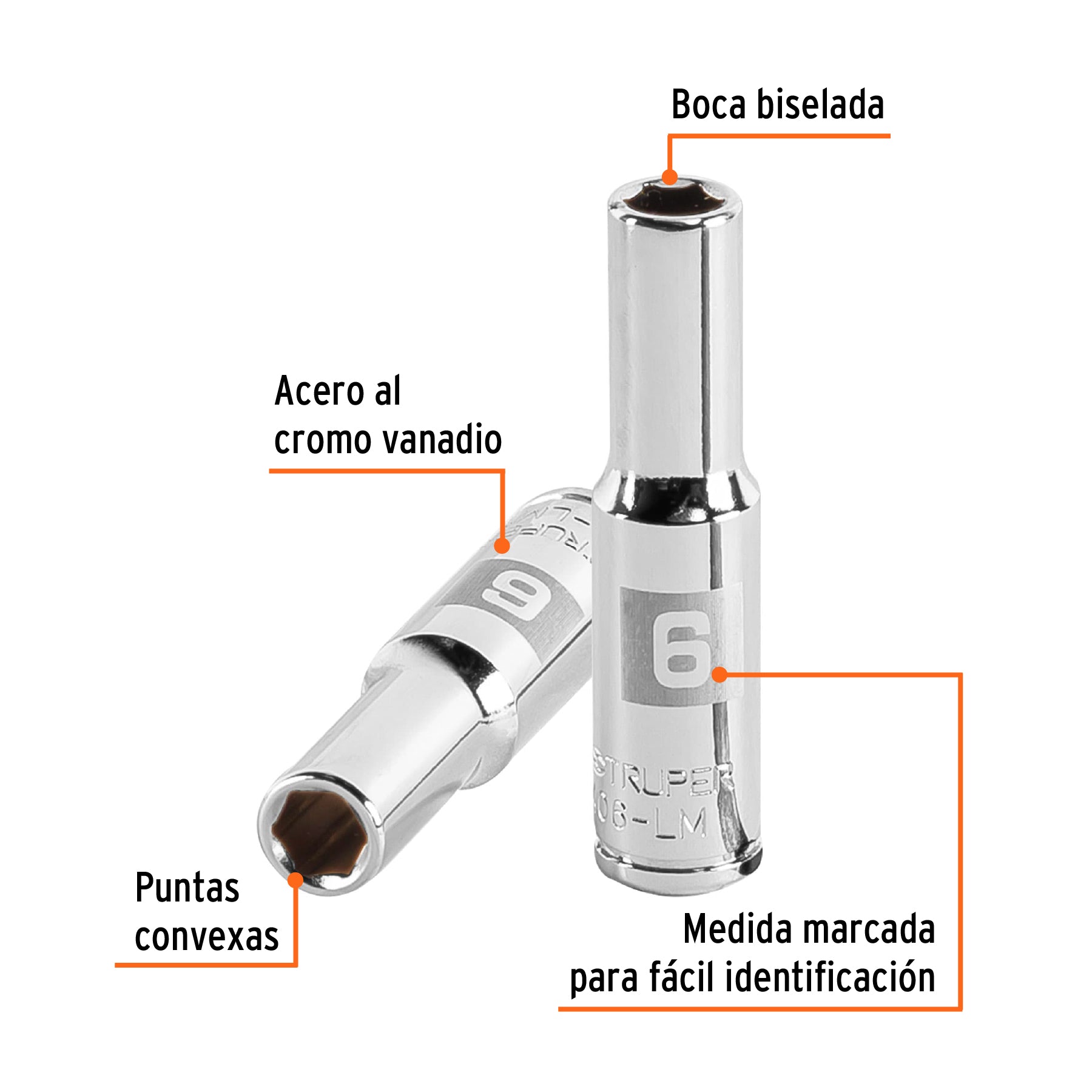 Dado largo de 6 mm, 6 puntas, cuadro 1/4", TRUPER