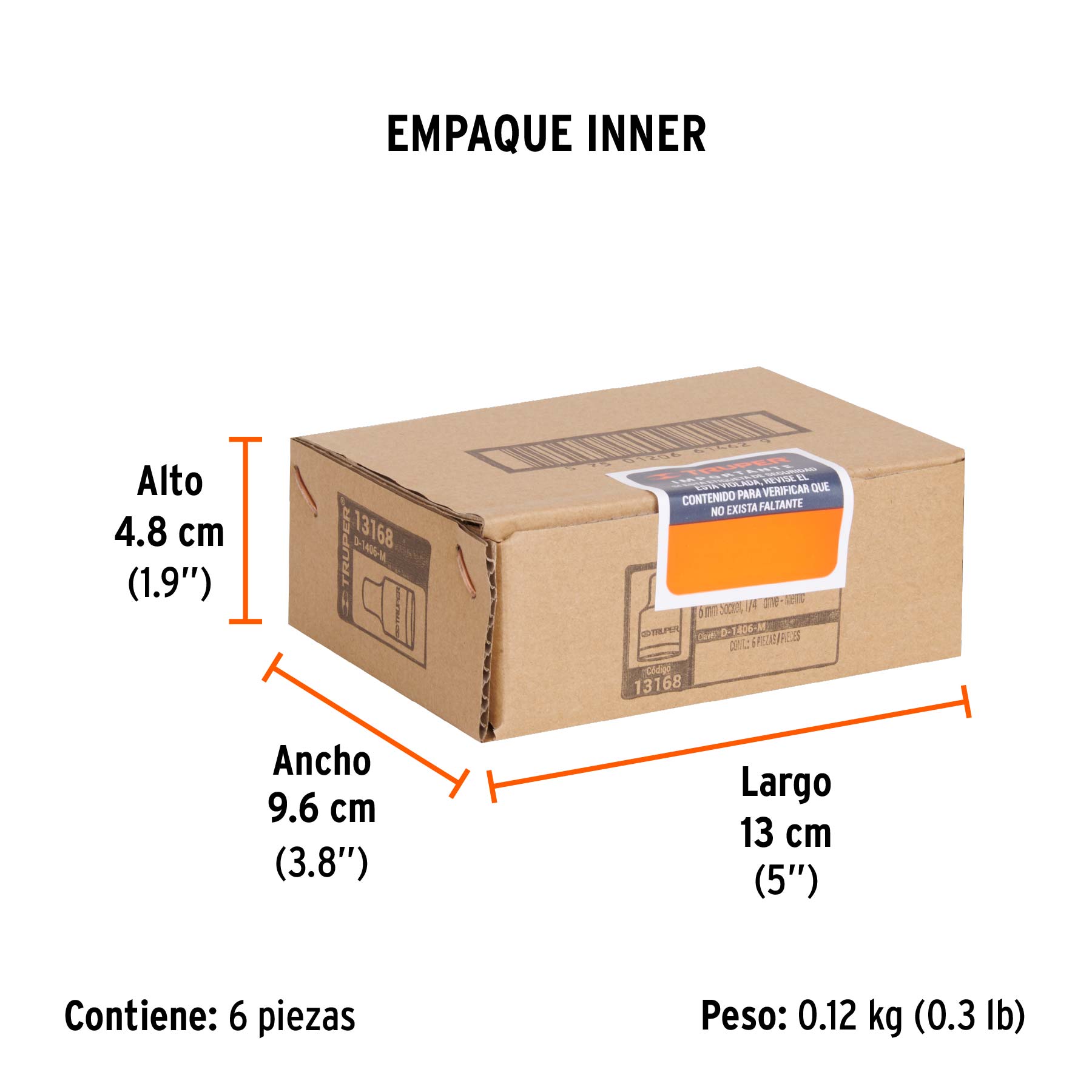 Dado de 6 mm, 6 puntas, cuadro 1/4", TRUPER - Empaque