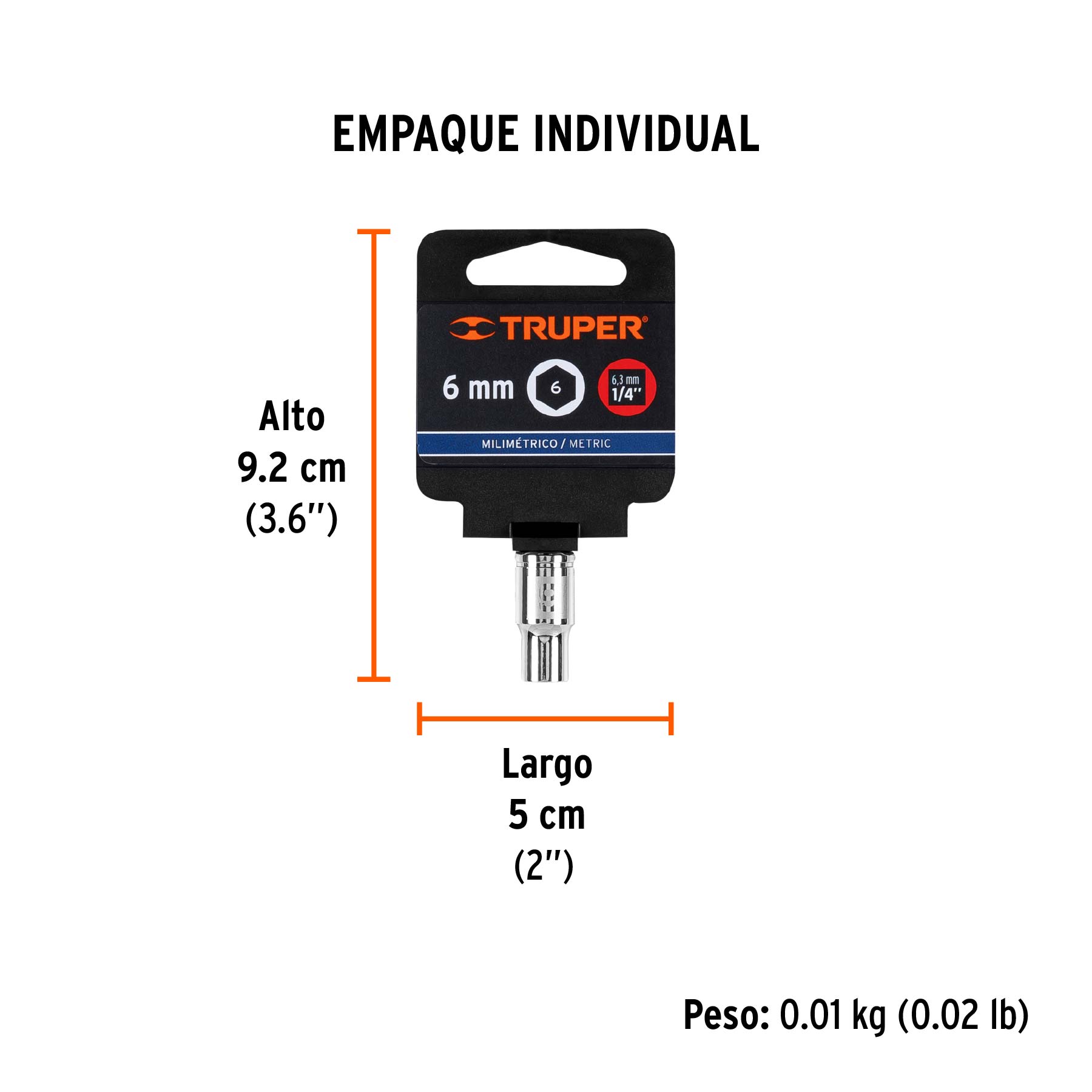 Dado de 6 mm, 6 puntas, cuadro 1/4", TRUPER - Empaque