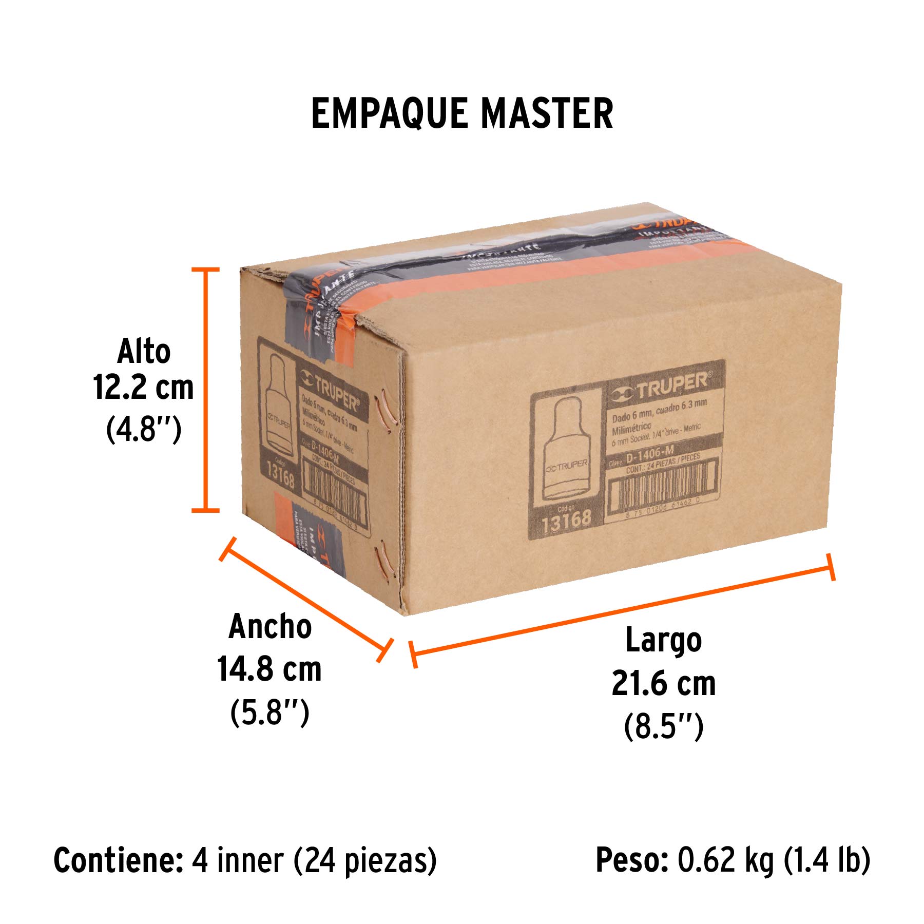 Dado de 6 mm, 6 puntas, cuadro 1/4", TRUPER - Empaque
