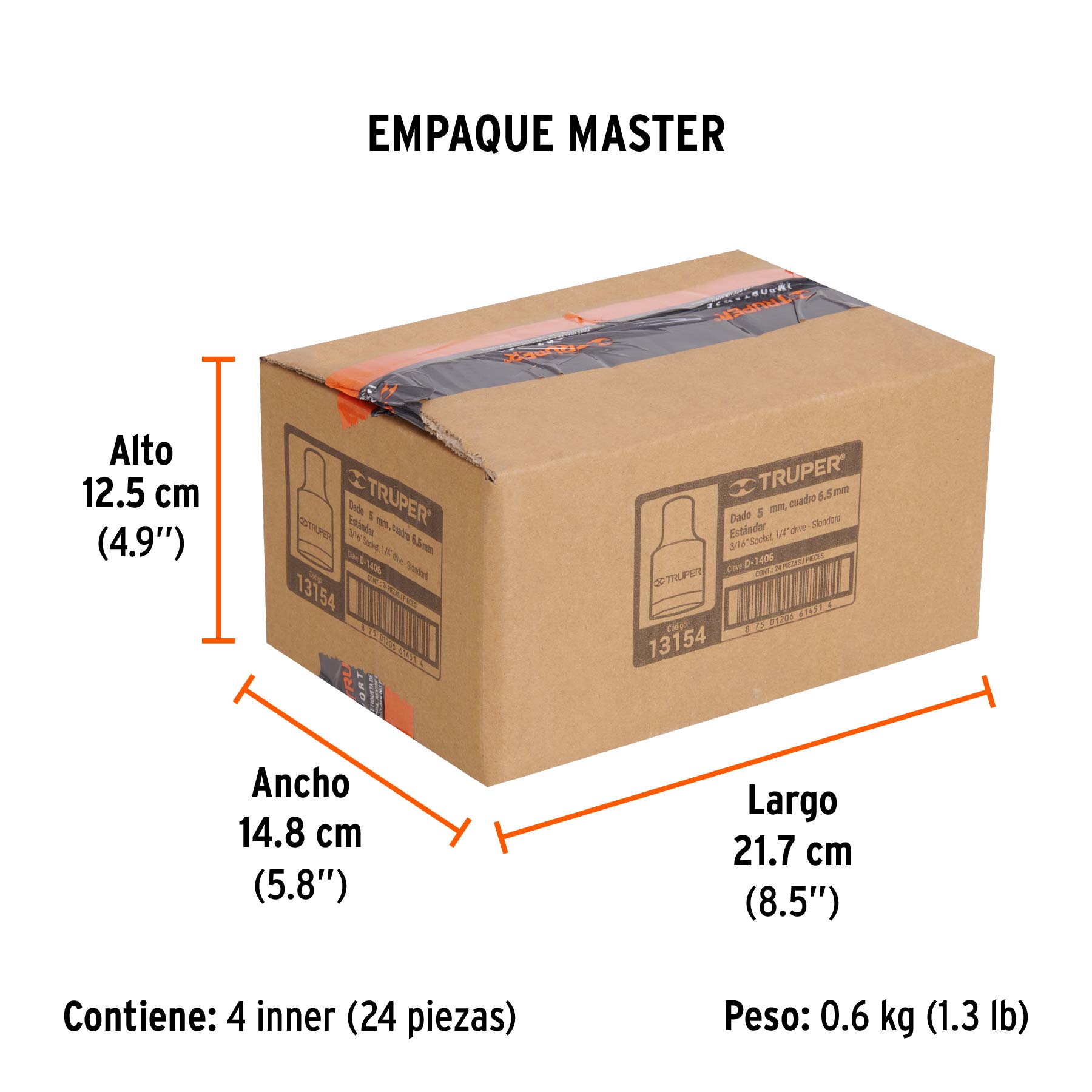 Dado de 3/16", 6 puntas, cuadro 1/4", TRUPER - Empaque