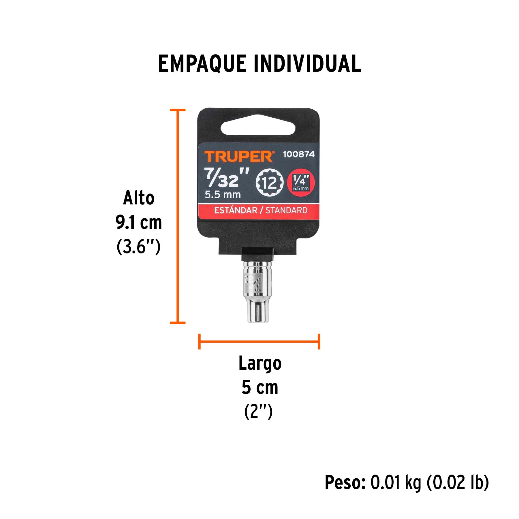 Dado de 7/32", 12 puntas, cuadro 1/4", TRUPER - Empaque