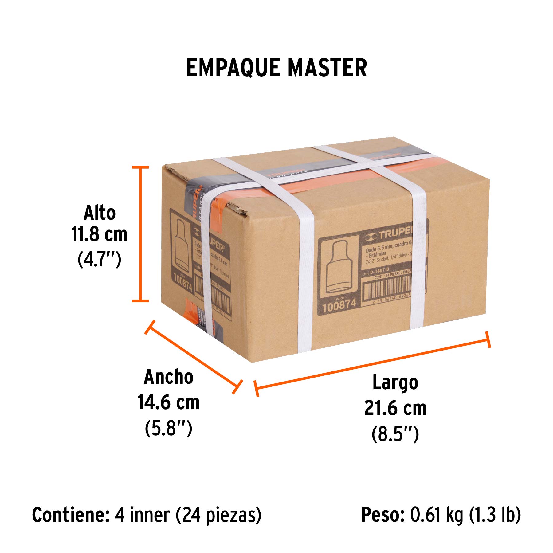 Dado de 7/32", 12 puntas, cuadro 1/4", TRUPER - Empaque