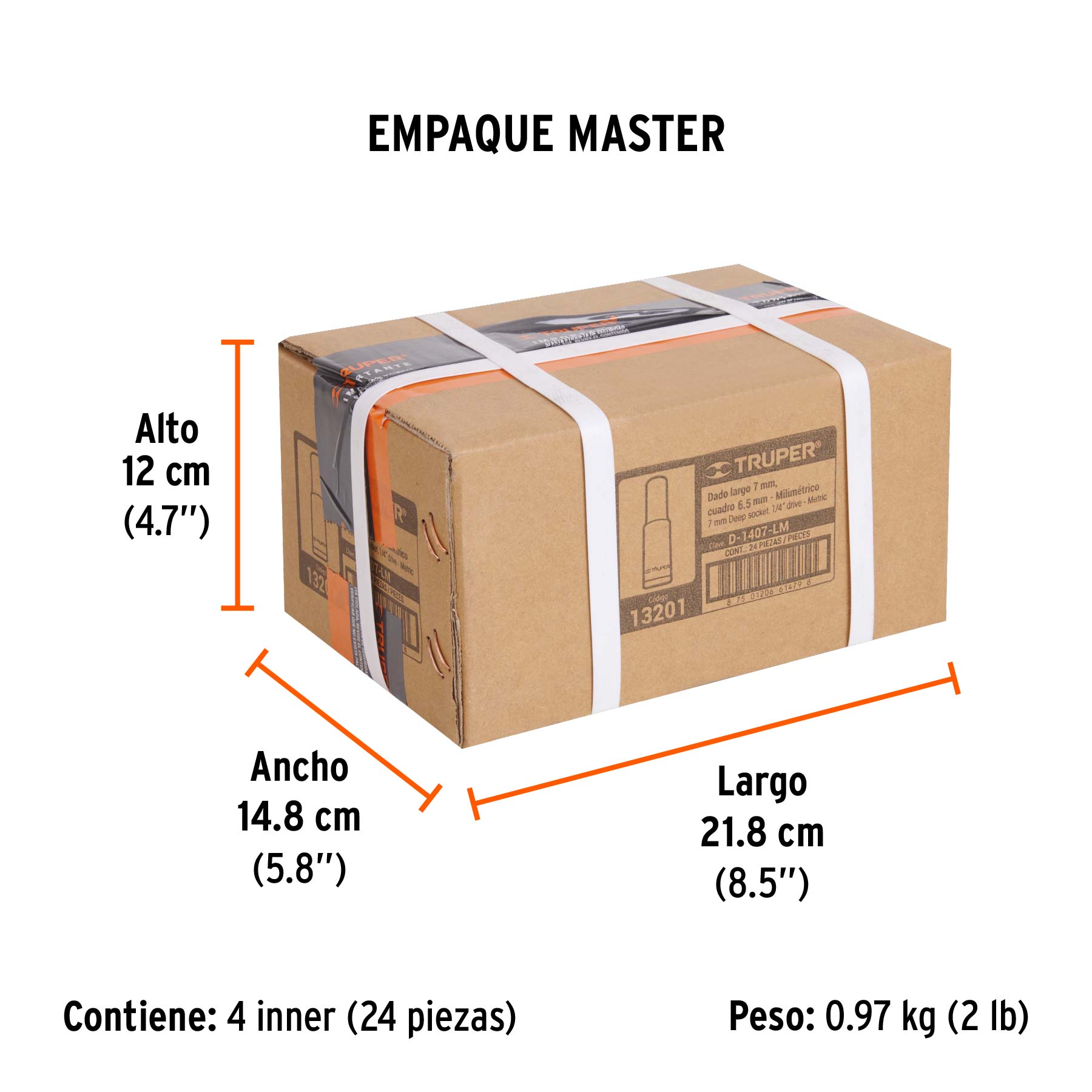 Dado largo de 7 mm, 6 puntas, cuadro 1/4", TRUPER - Empaque
