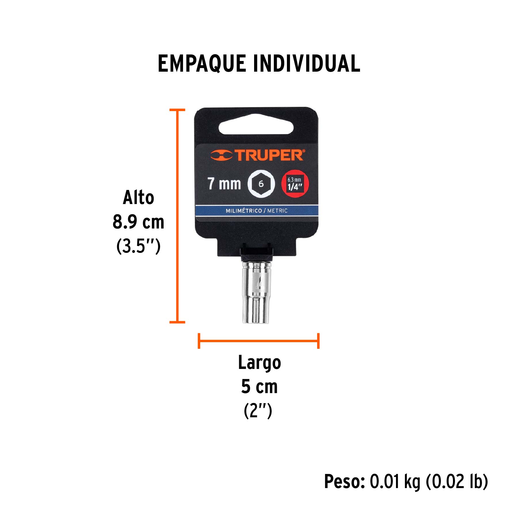 Dado de 7 mm, 6 puntas, cuadro 1/4", TRUPER - Empaque