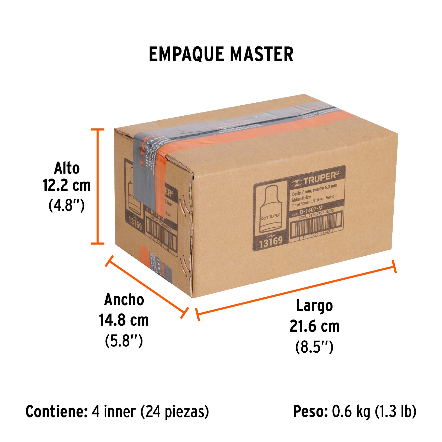 Dado de 7 mm, 6 puntas, cuadro 1/4", TRUPER - Empaque