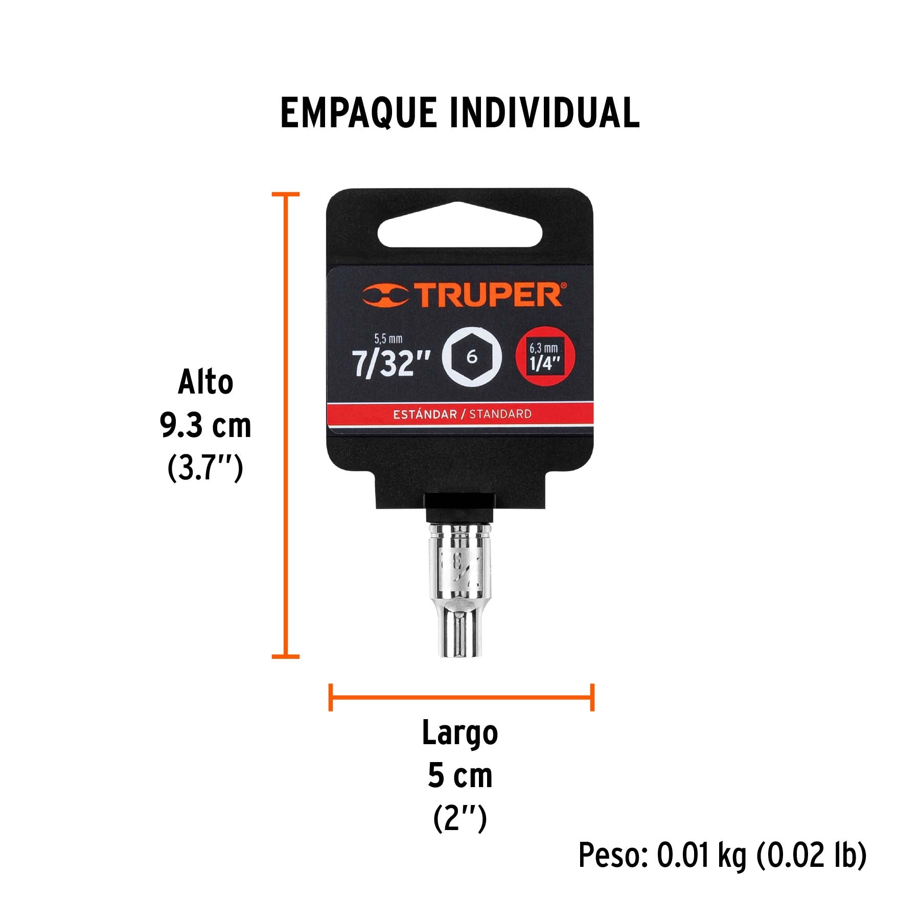 Dado de 7/32", 6 puntas, cuadro 1/4", TRUPER - Empaque