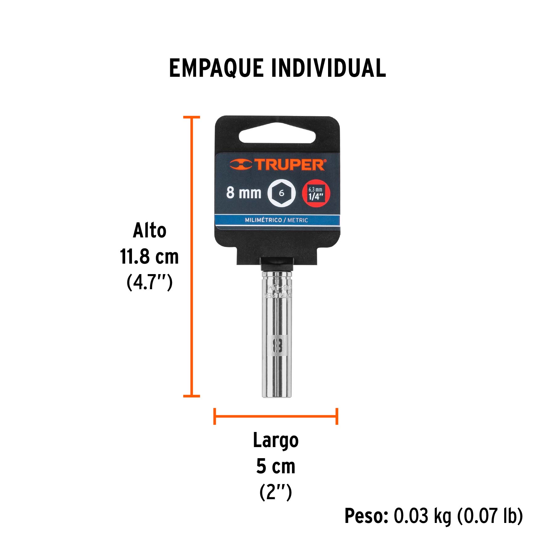 Dado largo de 8 mm, 6 puntas, cuadro 1/4", TRUPER - Empaque