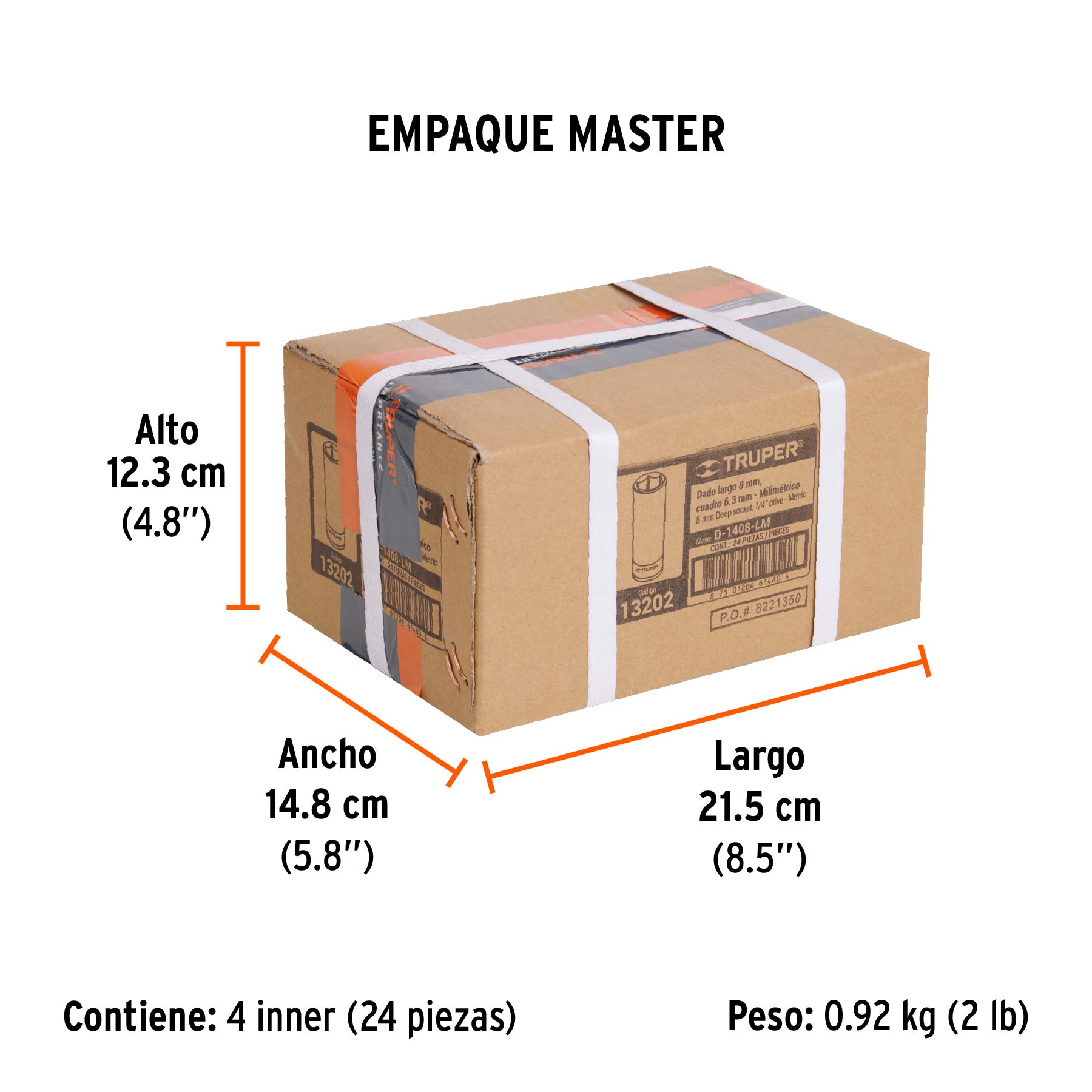 Dado largo de 8 mm, 6 puntas, cuadro 1/4", TRUPER - Empaque