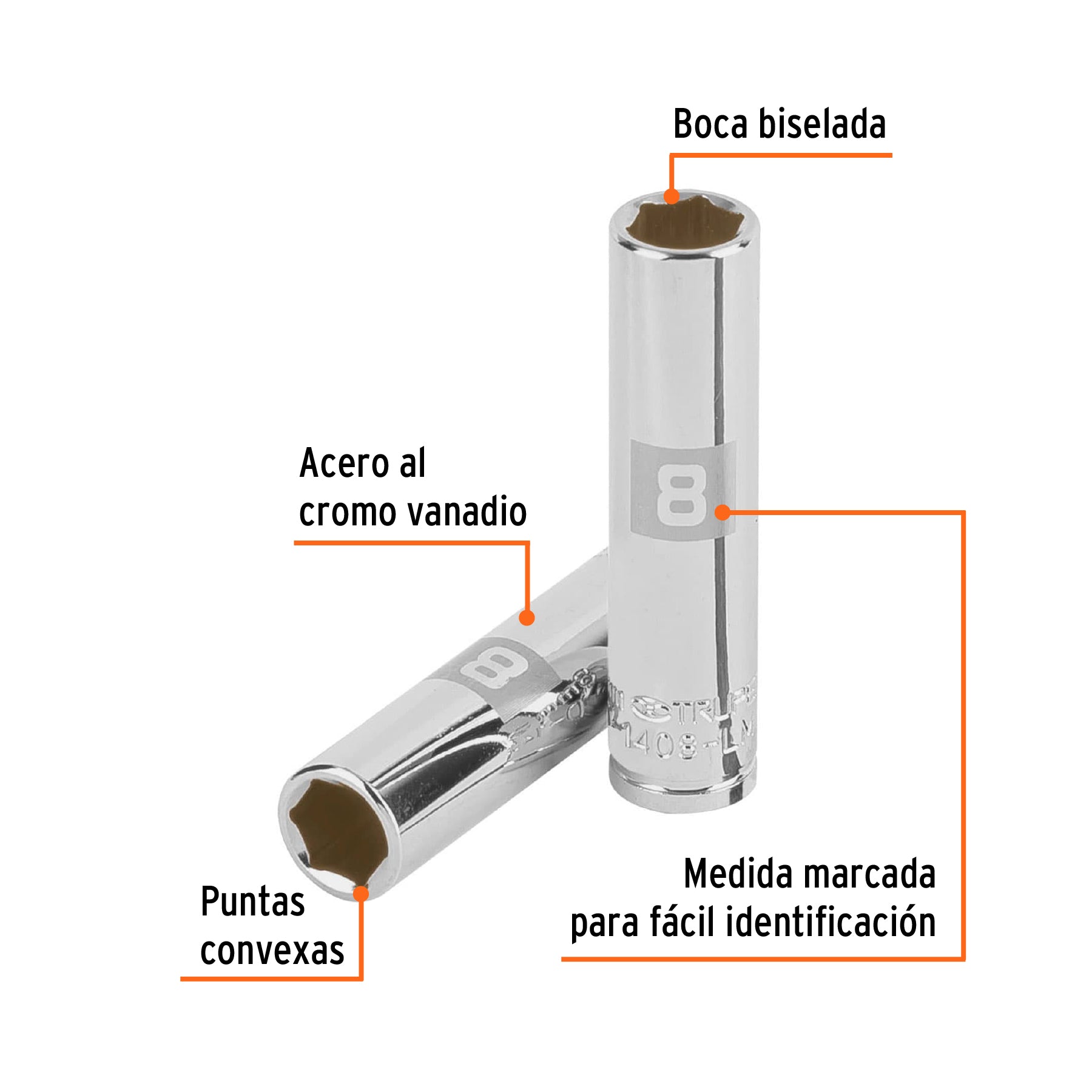 Dado largo de 8 mm, 6 puntas, cuadro 1/4", TRUPER