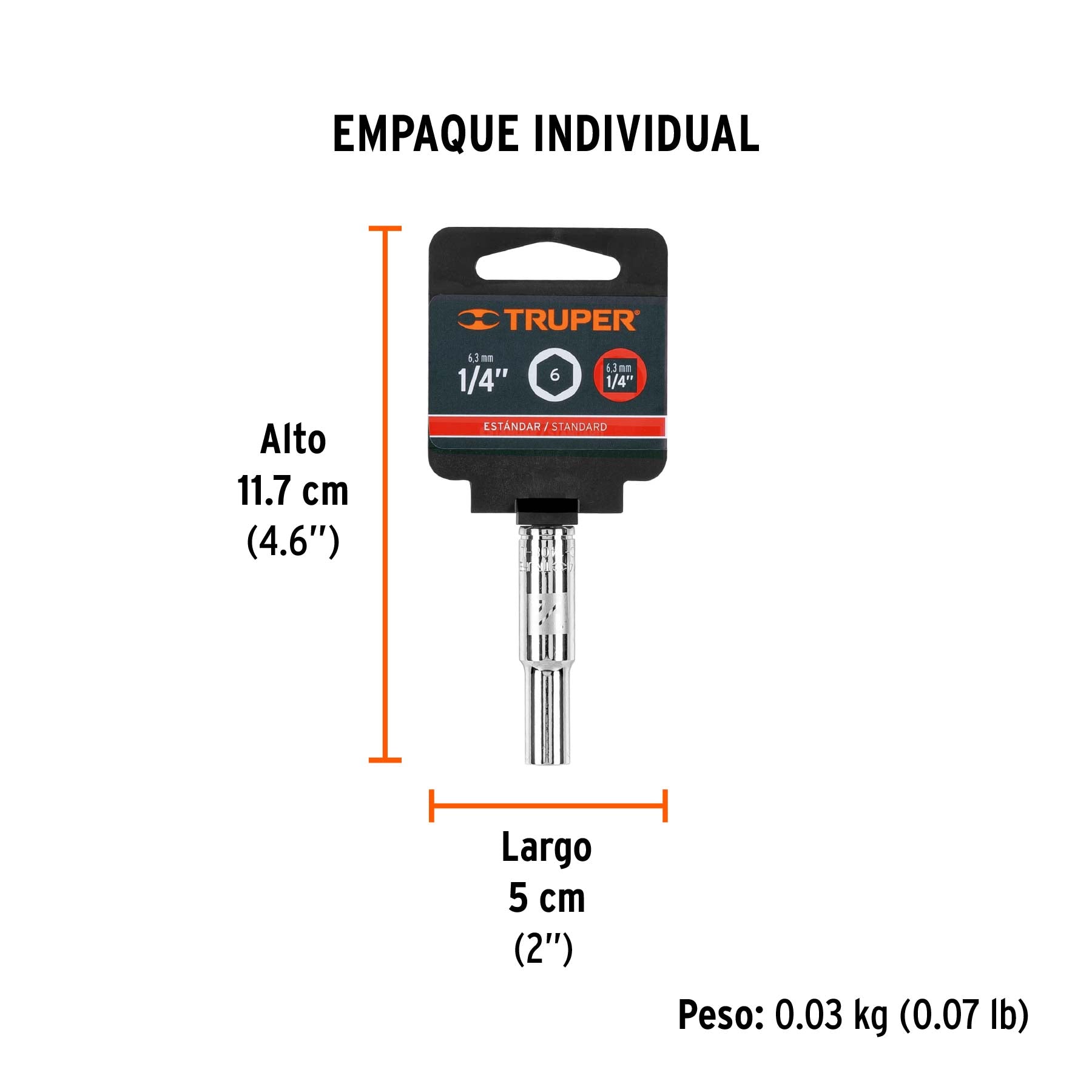 Dado largo de 1/4", 6 puntas, cuadro 1/4", TRUPER - Empaque