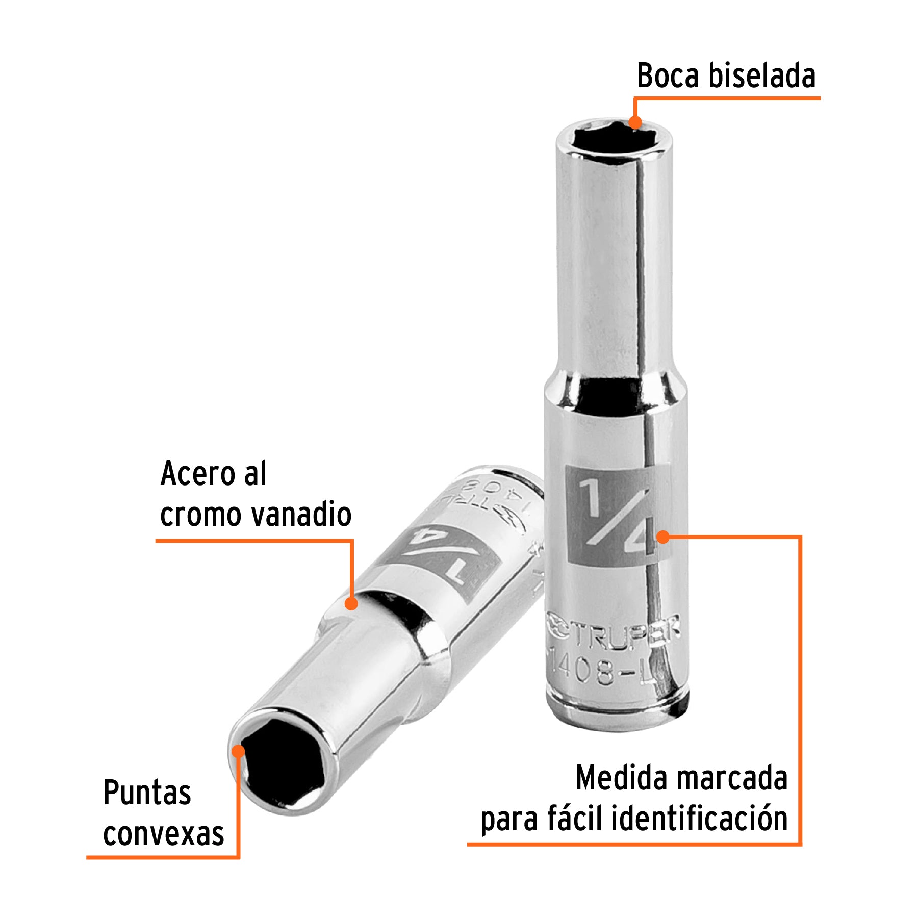 Dado largo de 1/4", 6 puntas, cuadro 1/4", TRUPER
