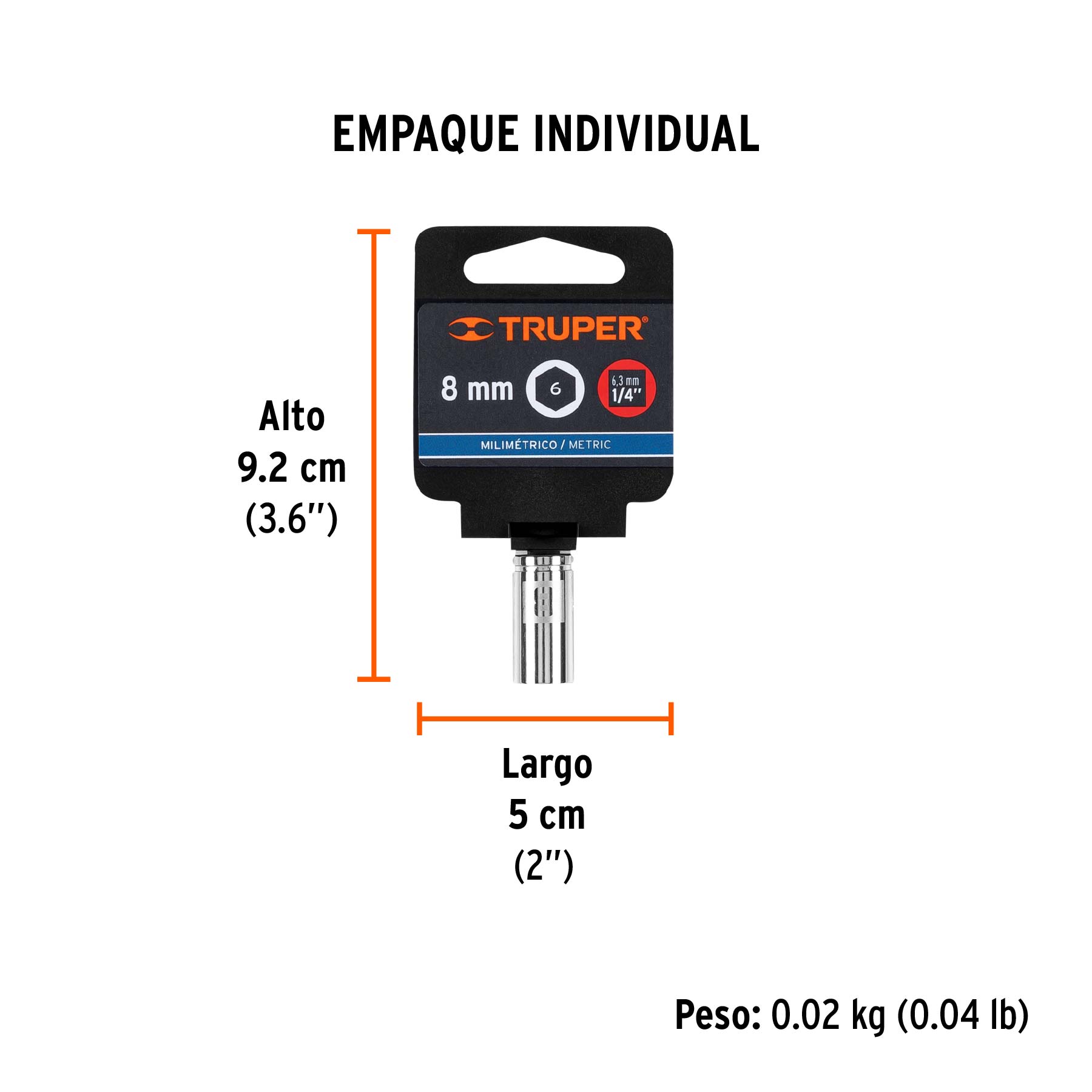 Dado de 8 mm, 6 puntas, cuadro 1/4", TRUPER - Empaque