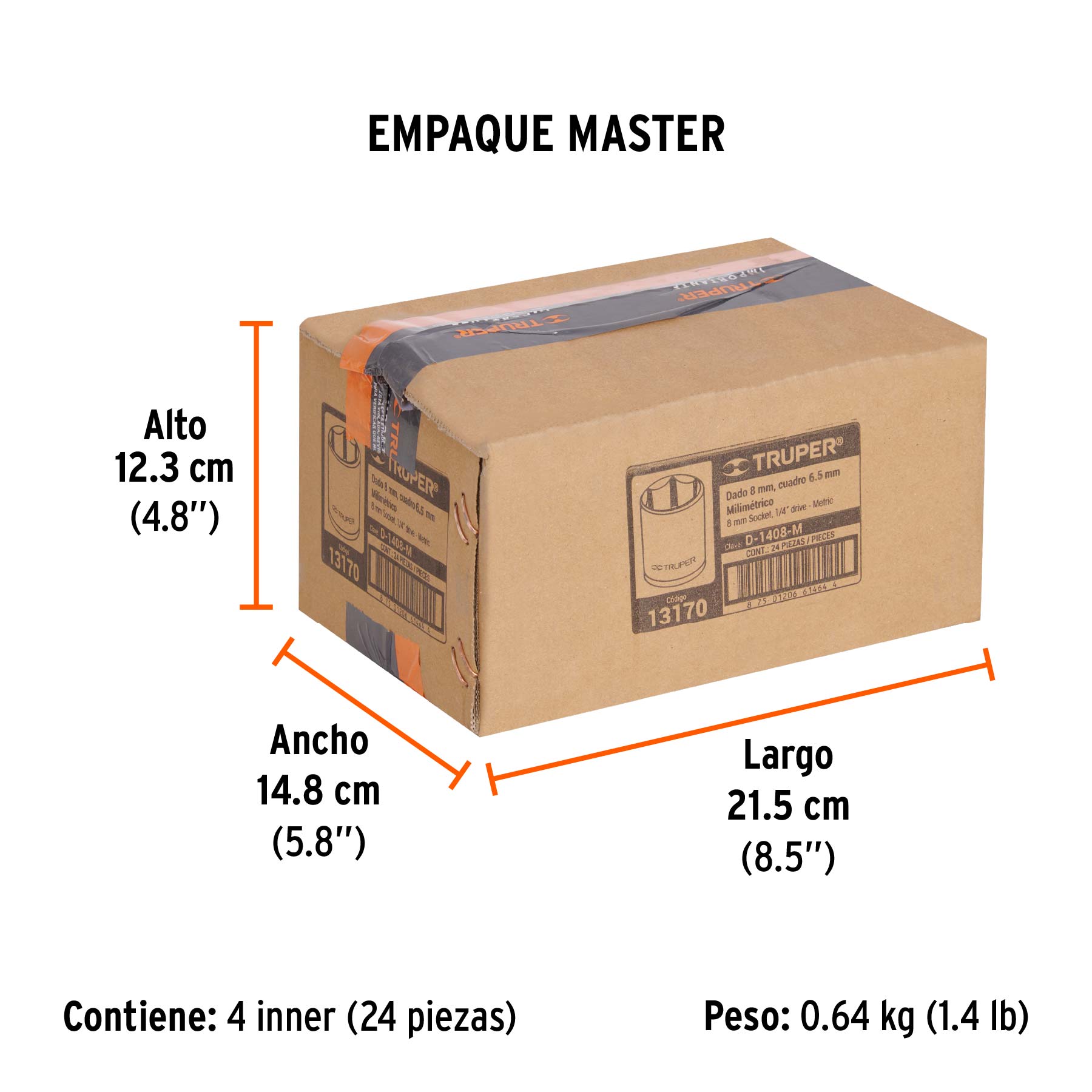 Dado de 8 mm, 6 puntas, cuadro 1/4", TRUPER - Empaque