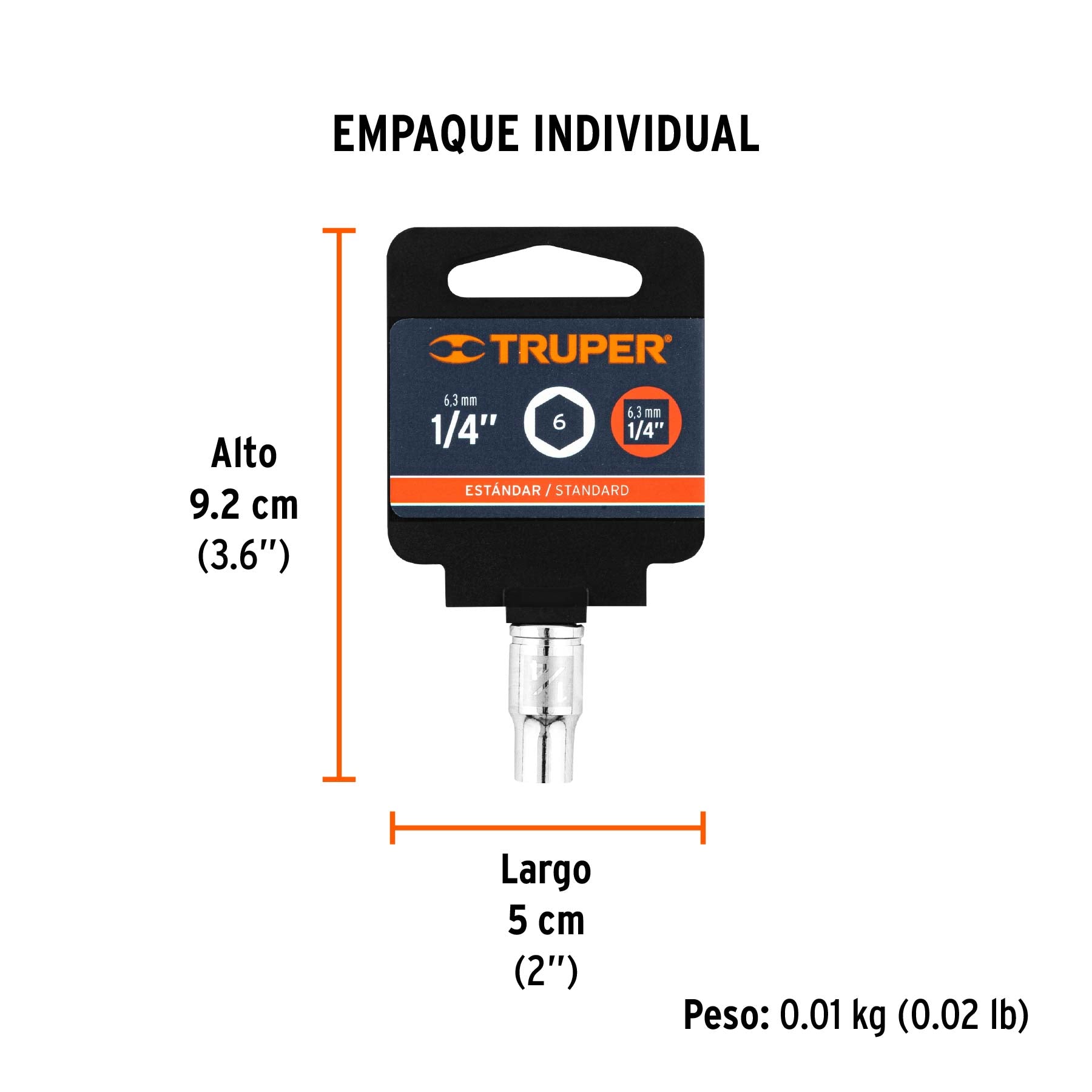 Dado de 1/4", 6 puntas, cuadro 1/4", TRUPER - Empaque