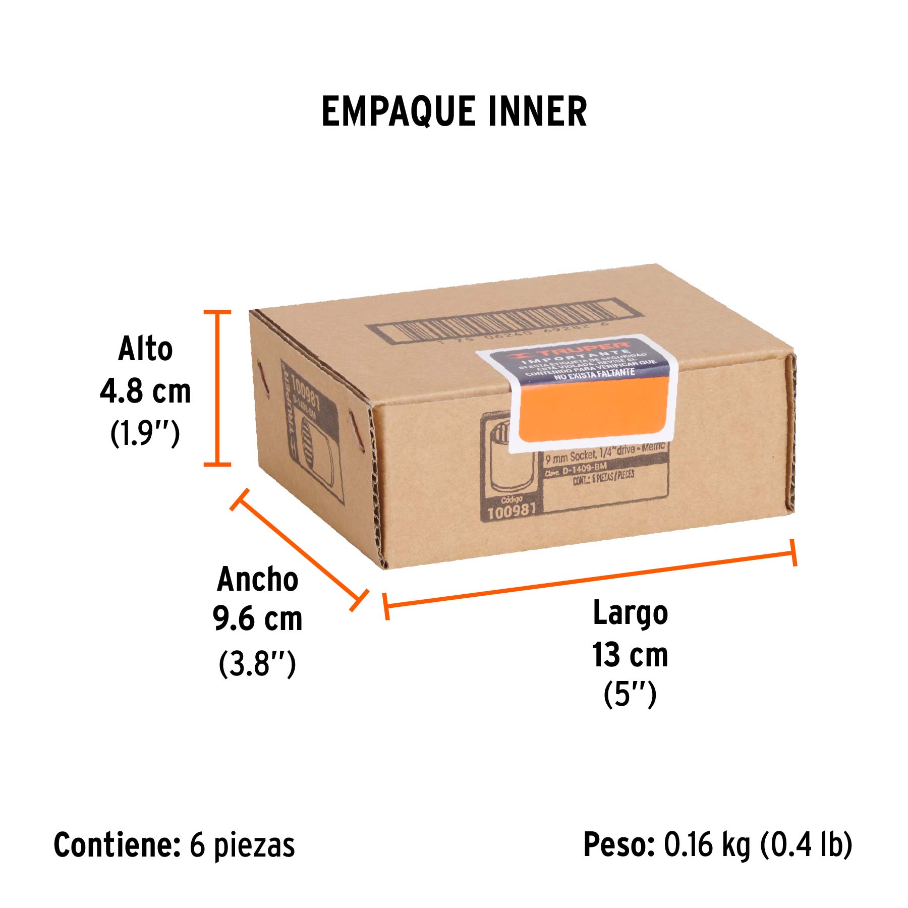 Dado de 9 mm, 12 puntas, cuadro 1/4", TRUPER - Empaque