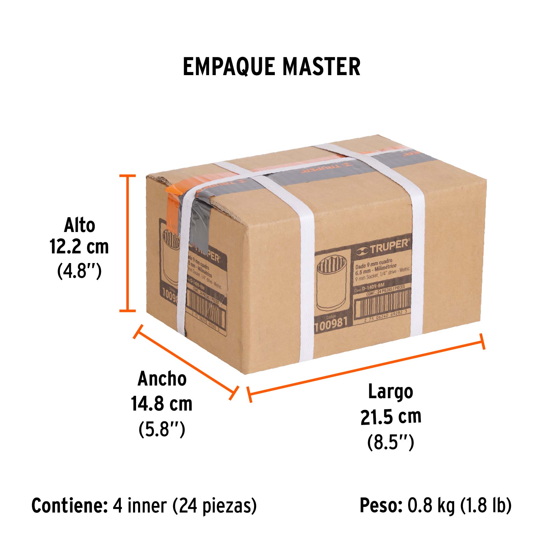 Dado de 9 mm, 12 puntas, cuadro 1/4", TRUPER - Empaque