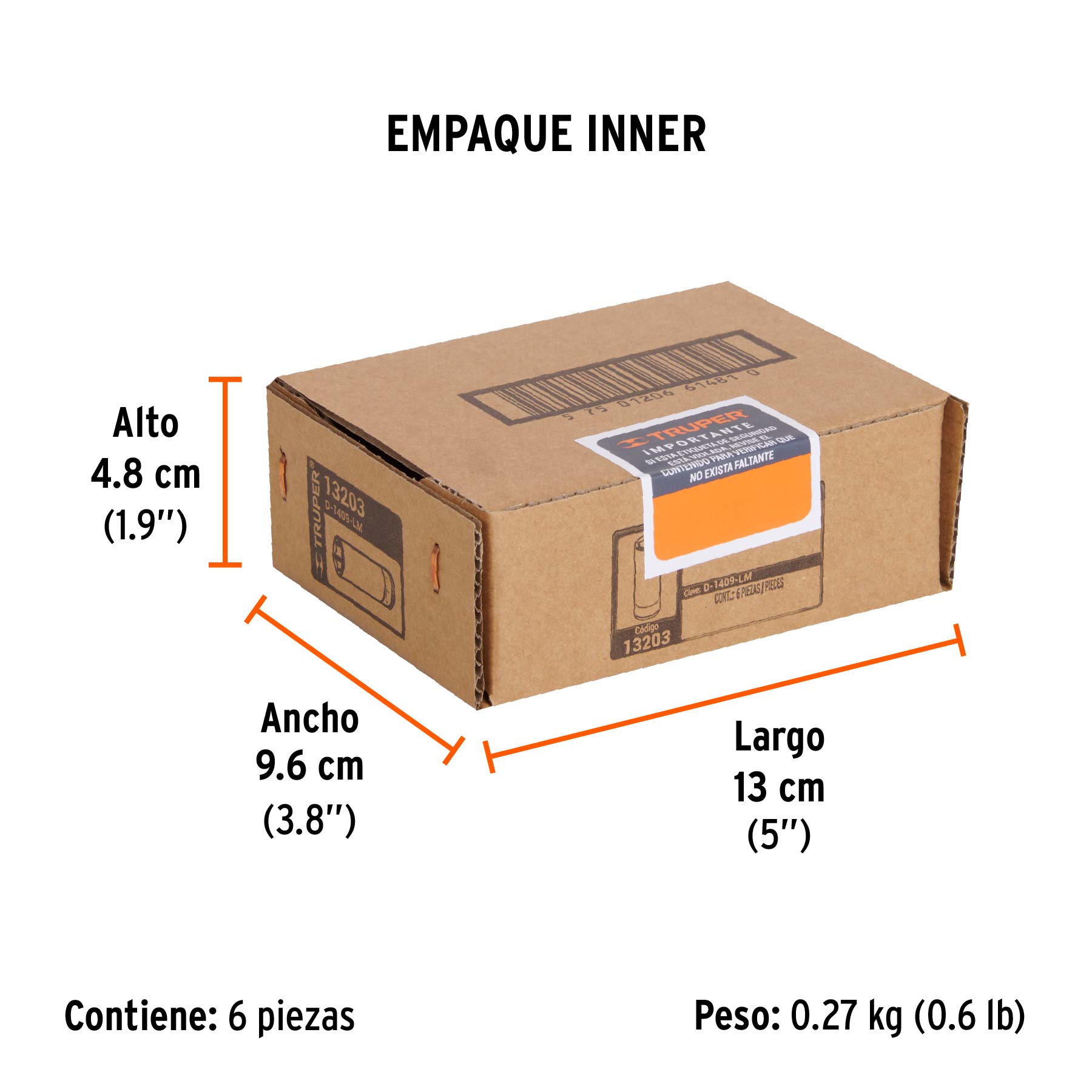 Dado largo de 9 mm, 6 puntas, cuadro 1/4", TRUPER - Empaque
