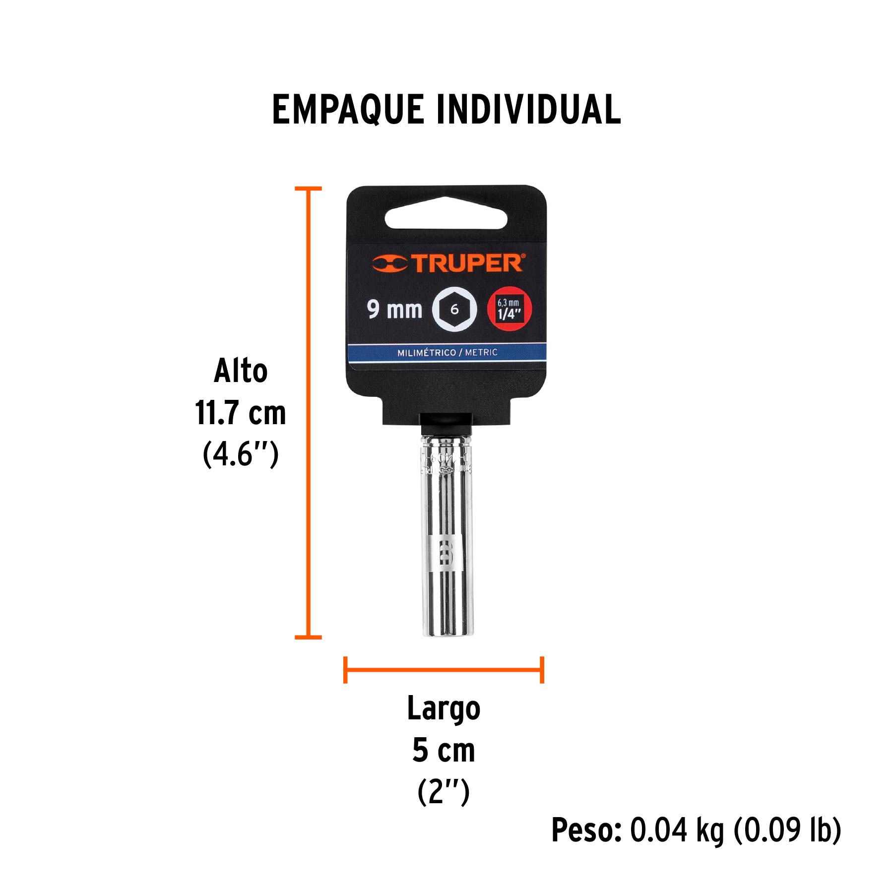 Dado largo de 9 mm, 6 puntas, cuadro 1/4", TRUPER - Empaque
