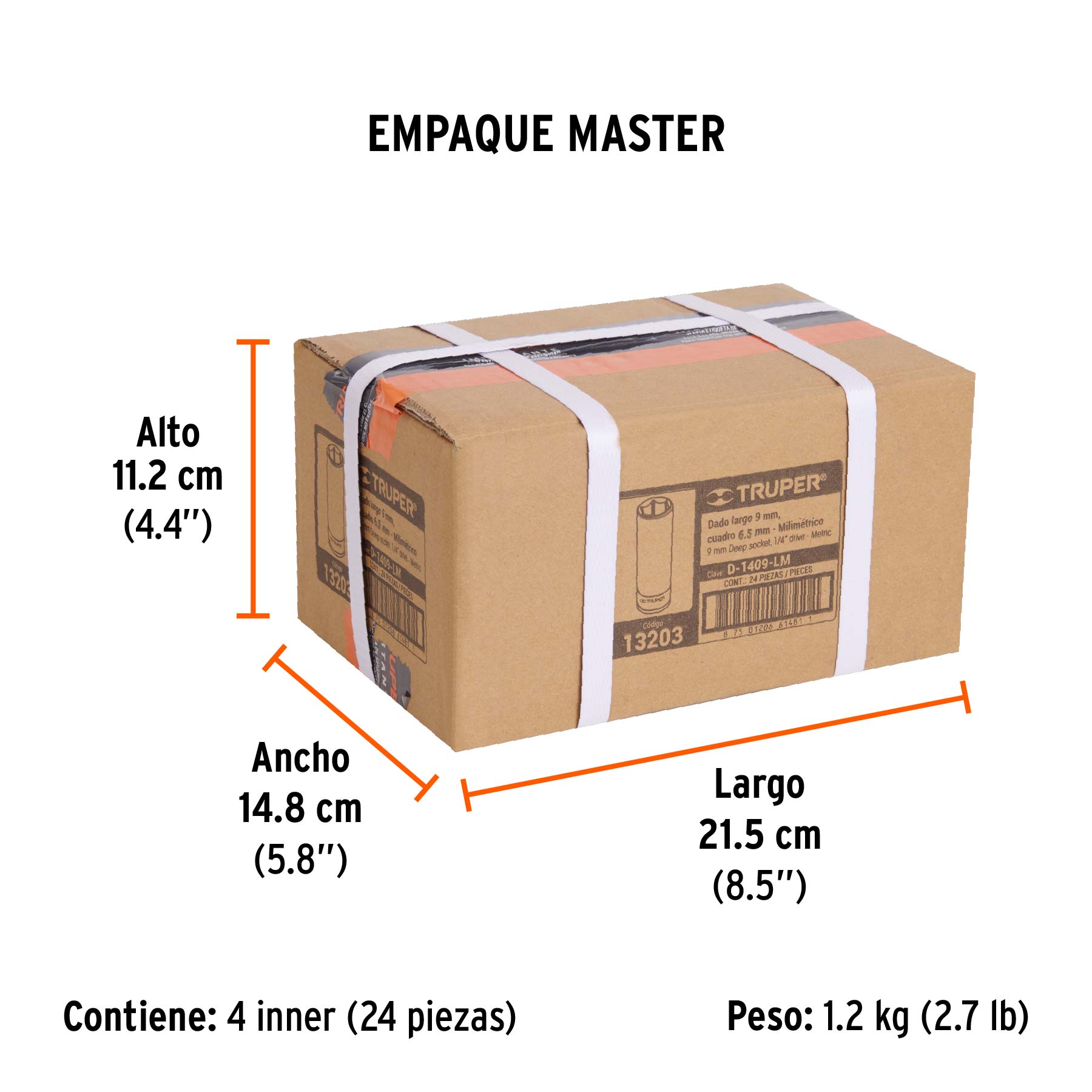 Dado largo de 9 mm, 6 puntas, cuadro 1/4", TRUPER - Empaque