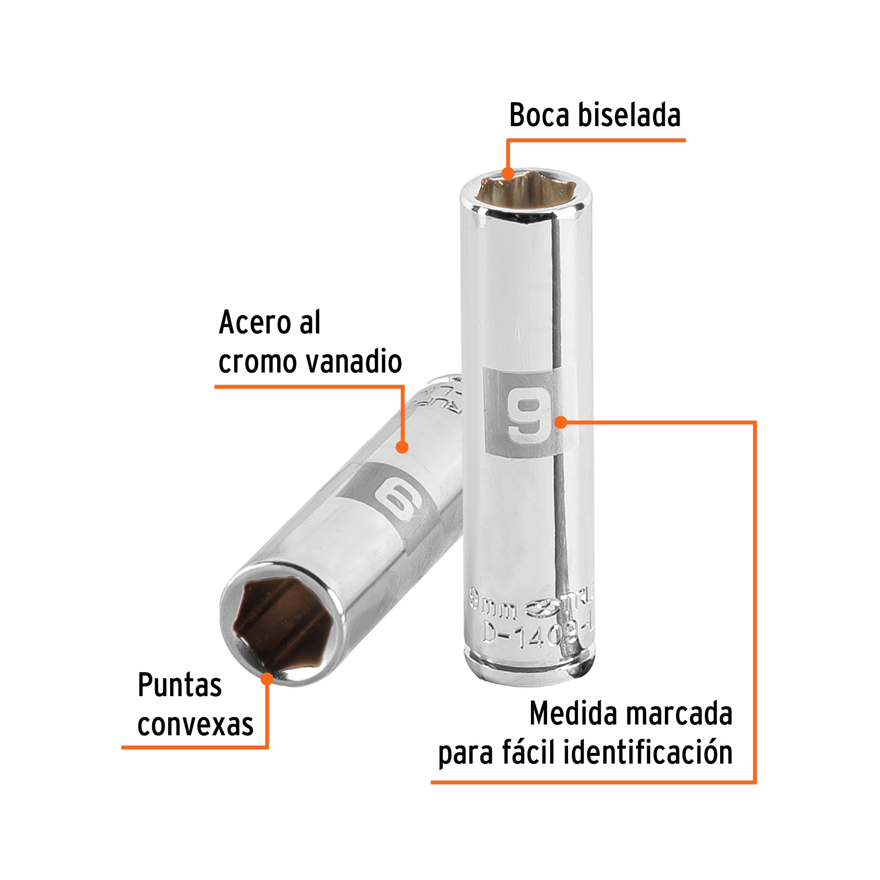 Dado largo de 9 mm, 6 puntas, cuadro 1/4", TRUPER