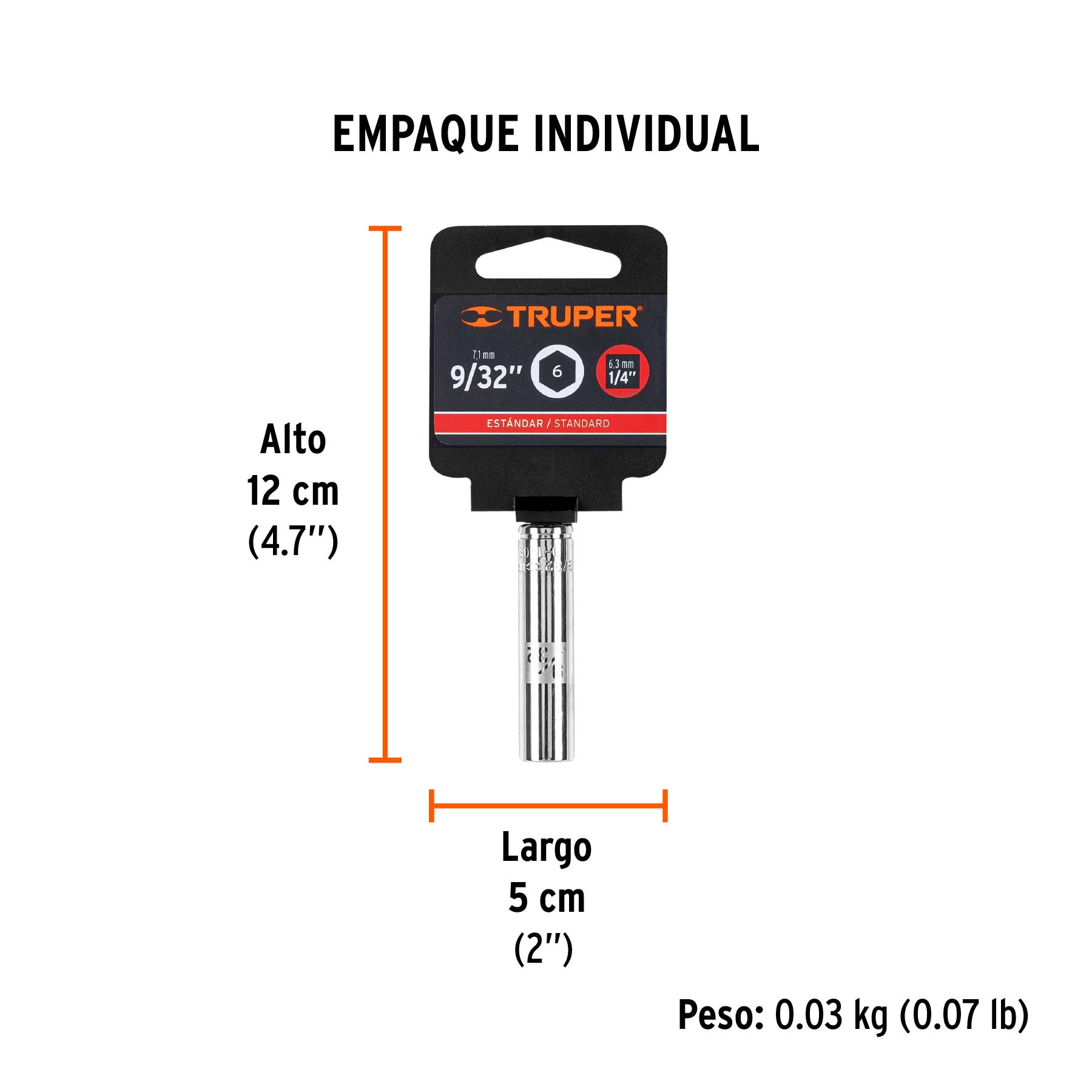 Dado largo de 9/32", 6 puntas, cuadro 1/4", TRUPER - Empaque