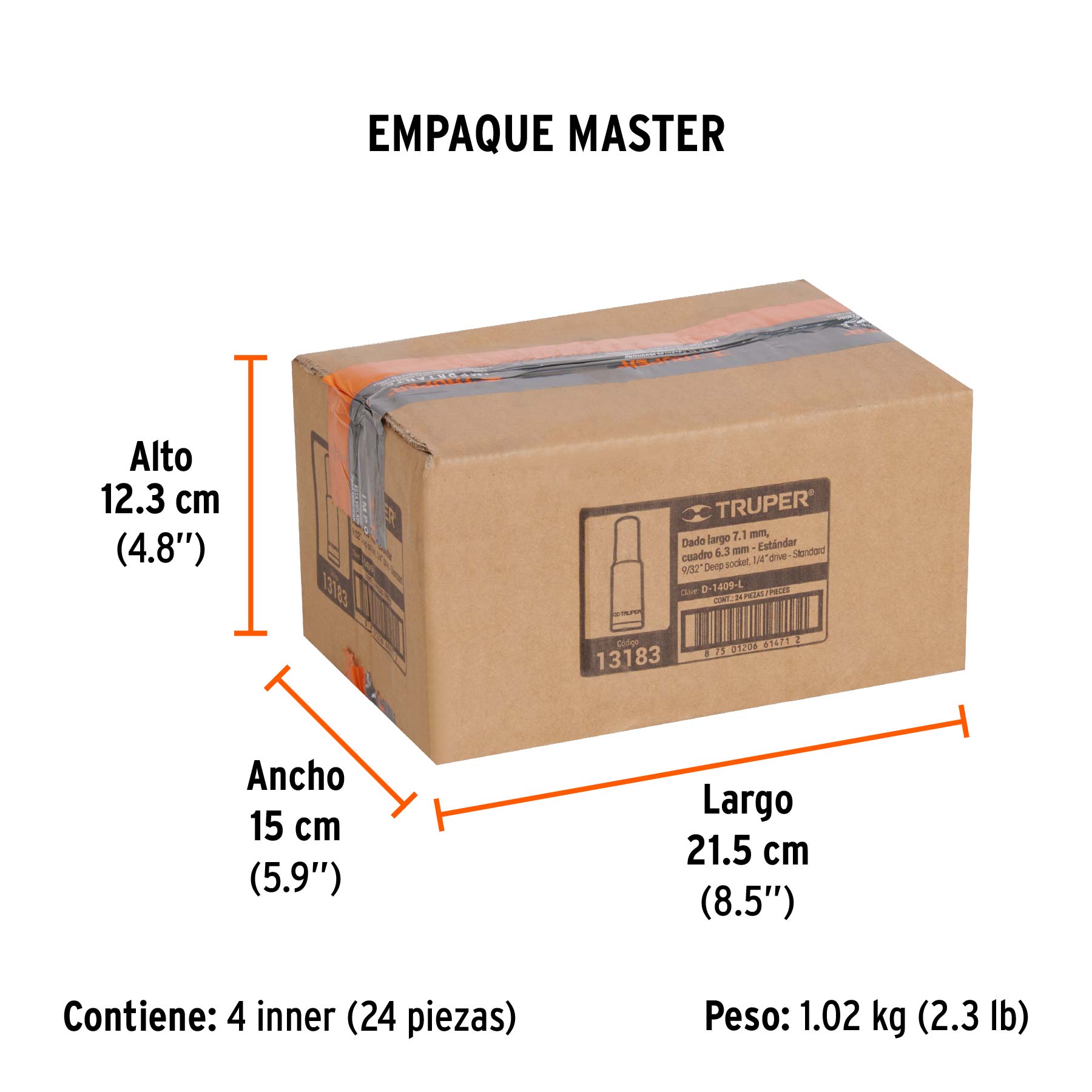 Dado largo de 9/32", 6 puntas, cuadro 1/4", TRUPER - Empaque