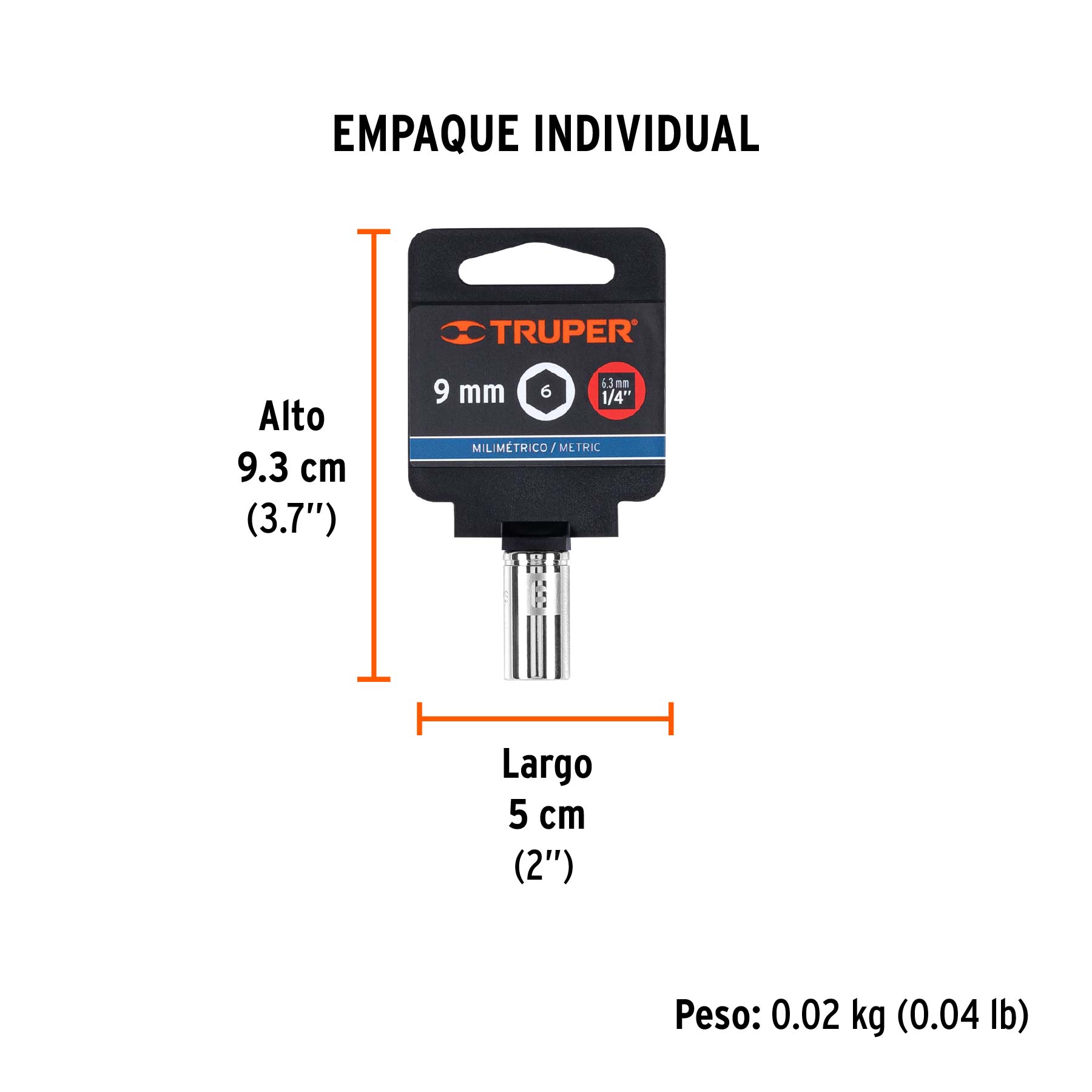 Dado de 9 mm, 6 puntas, cuadro 1/4", TRUPER - Empaque
