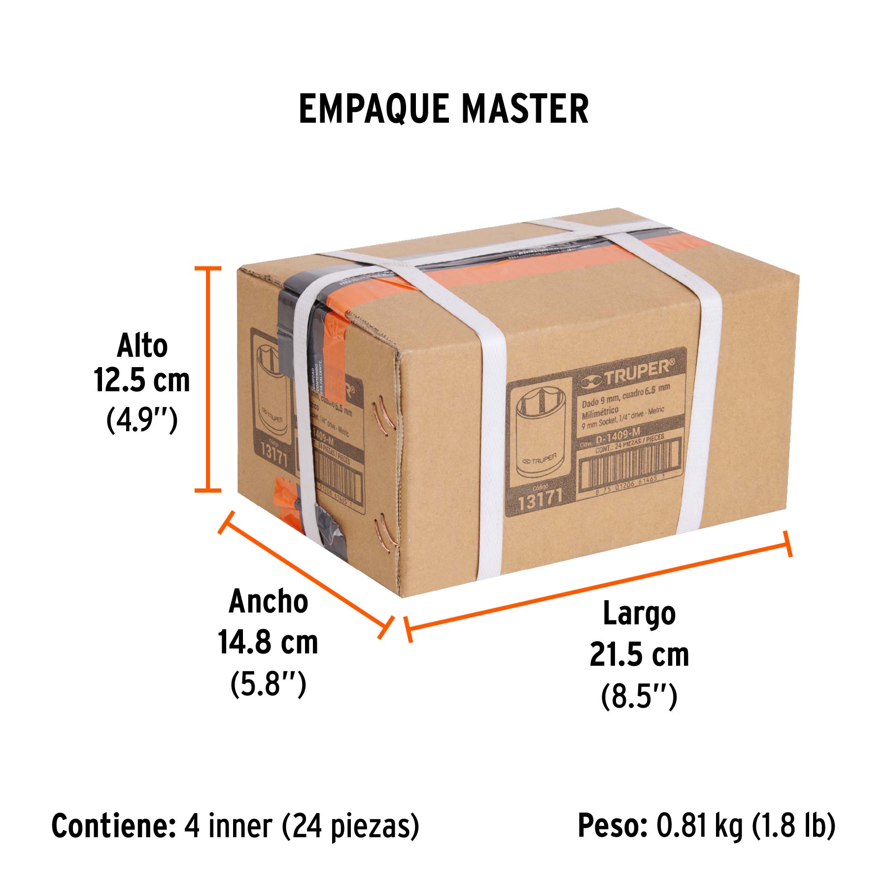 Dado de 9 mm, 6 puntas, cuadro 1/4", TRUPER - Empaque
