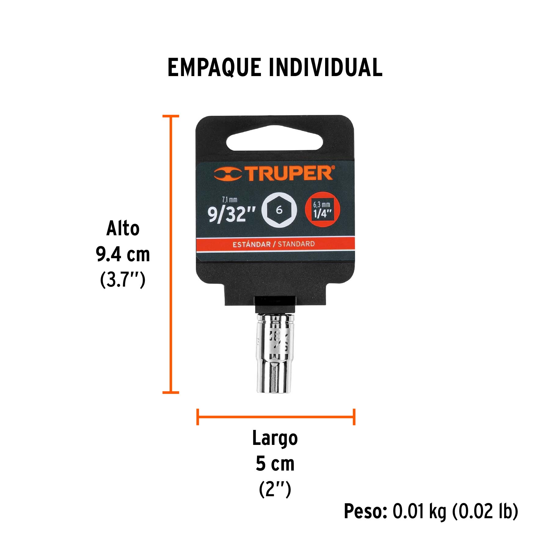 Dado de 9/32", 6 puntas, cuadro 1/4", TRUPER - Empaque