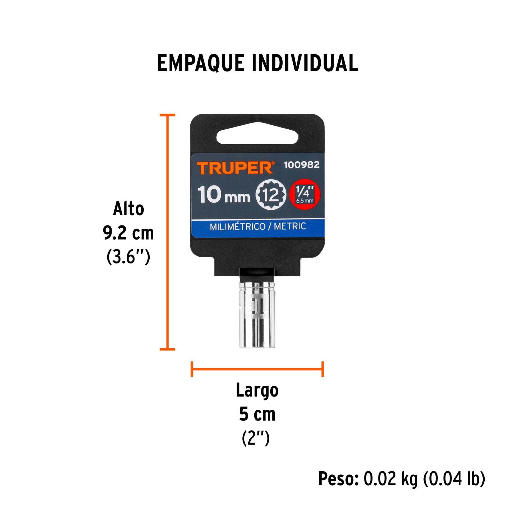 Dado de 10 mm, 12 puntas, cuadro 1/4", TRUPER - Empaque