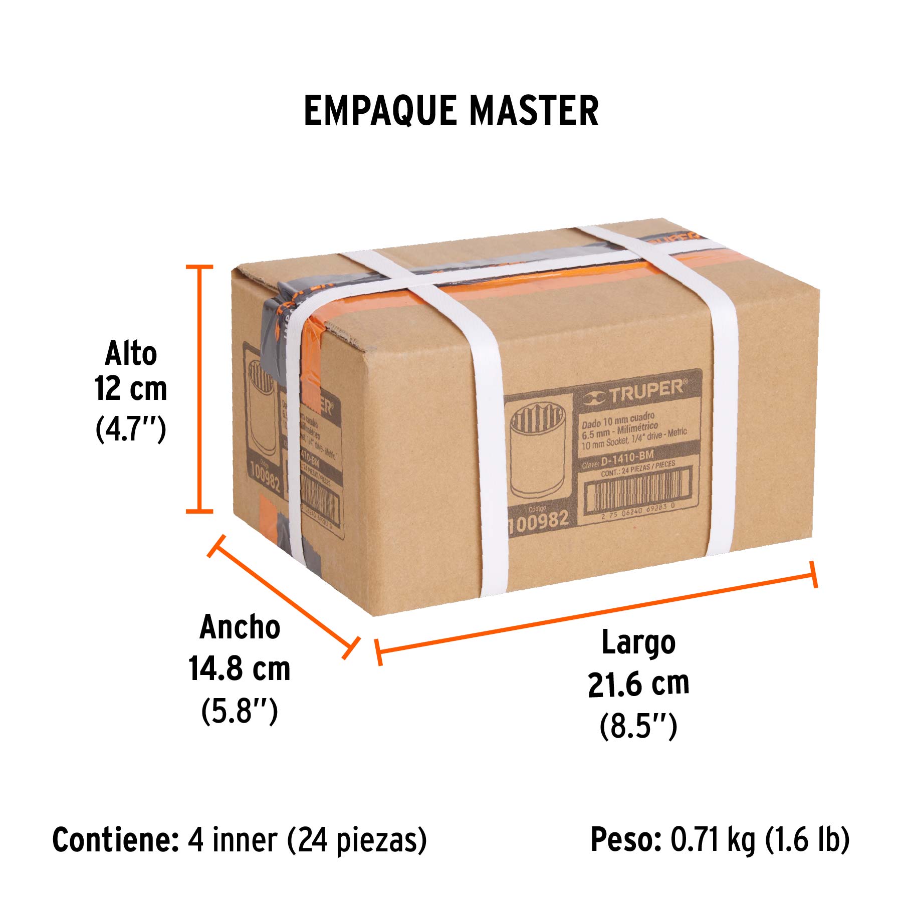 Dado de 10 mm, 12 puntas, cuadro 1/4", TRUPER - Empaque