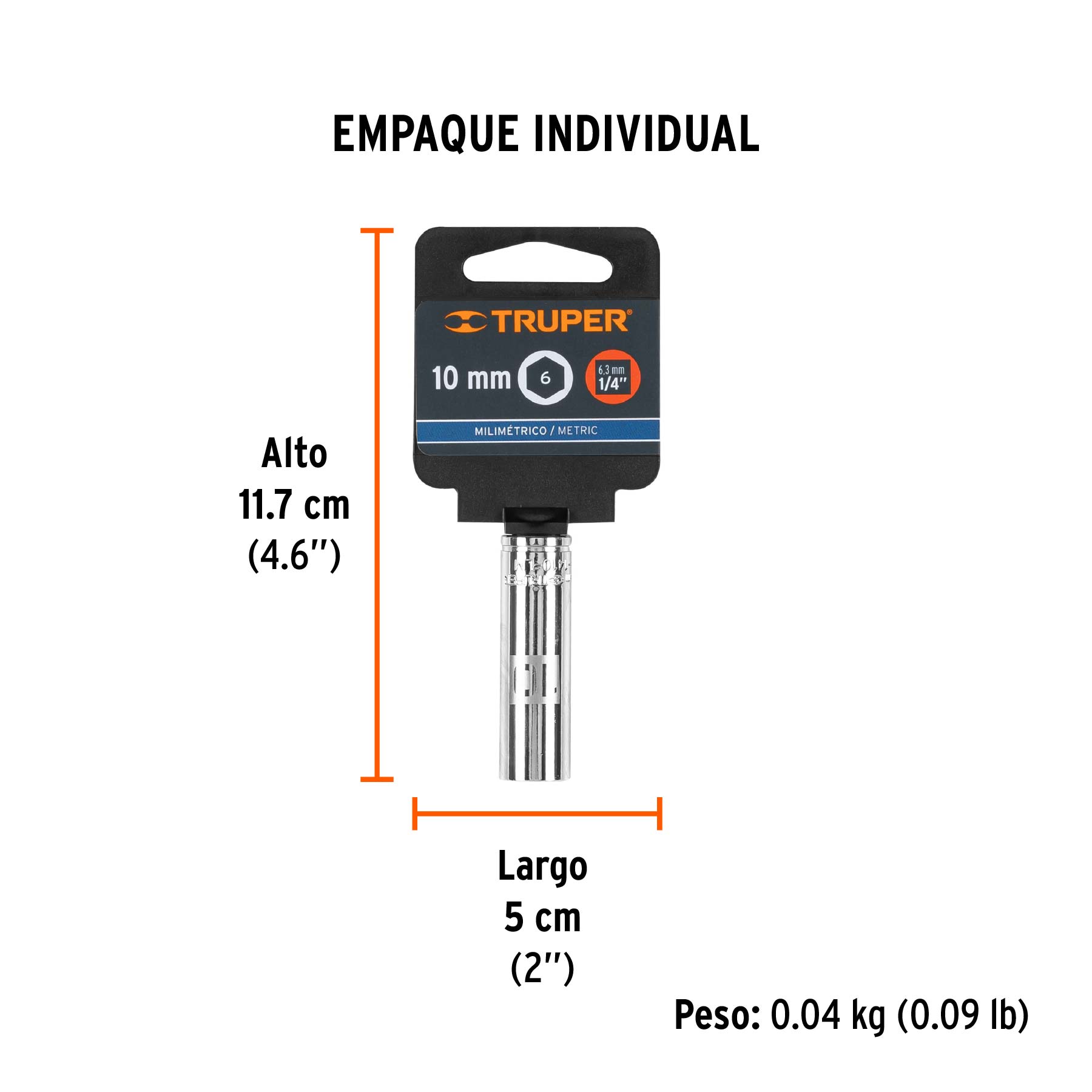 Dado largo de 10 mm, 6 puntas, cuadro 1/4", TRUPER - Empaque