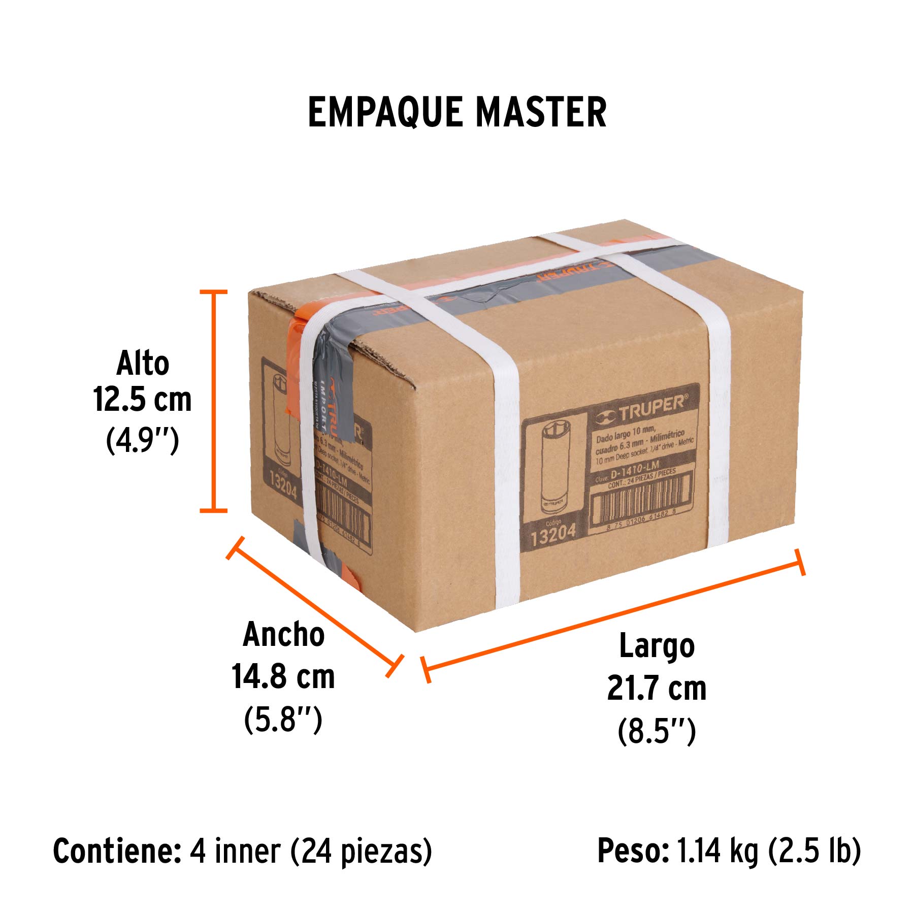 Dado largo de 10 mm, 6 puntas, cuadro 1/4", TRUPER - Empaque