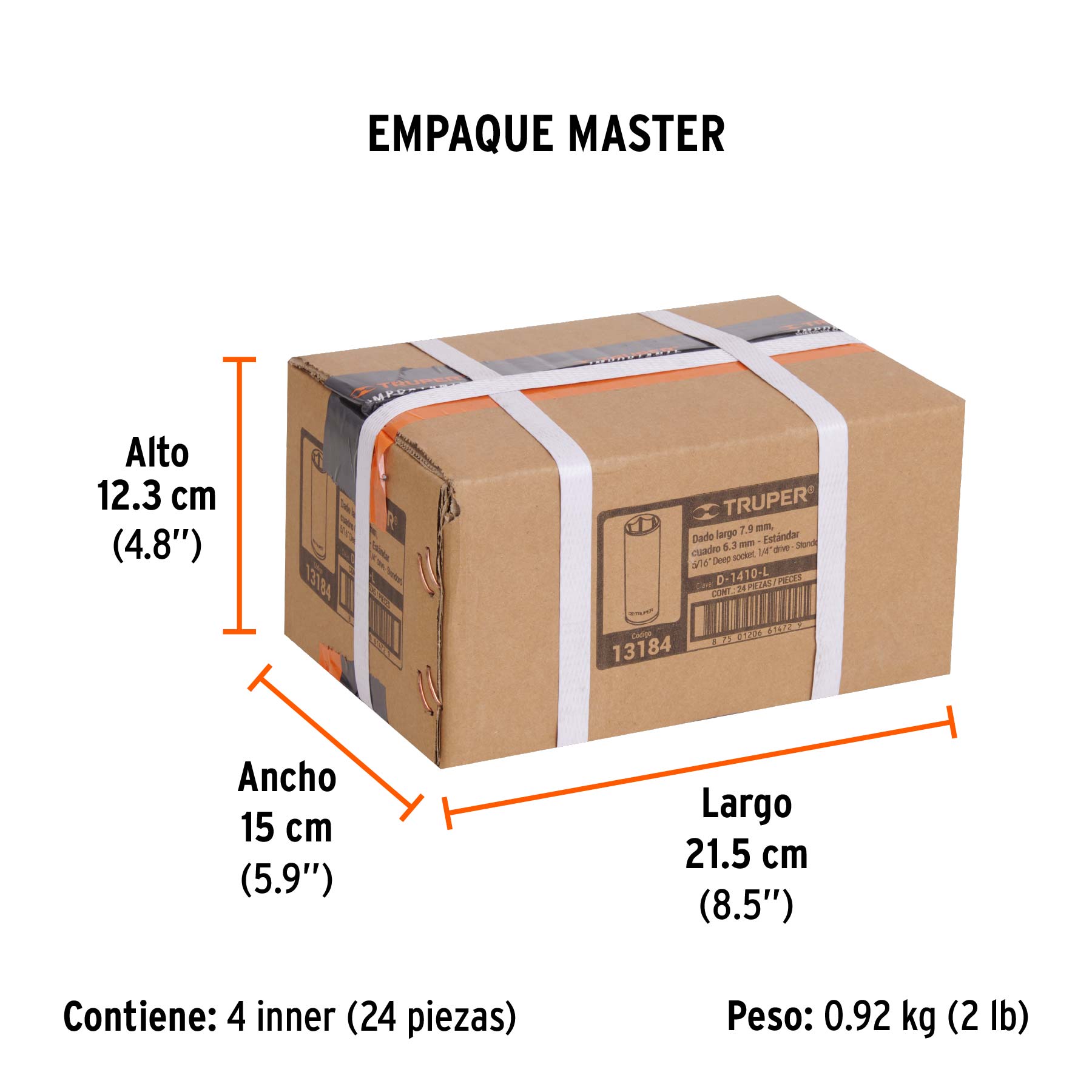Dado largo de 5/16", 6 puntas, cuadro 1/4", TRUPER - Empaque