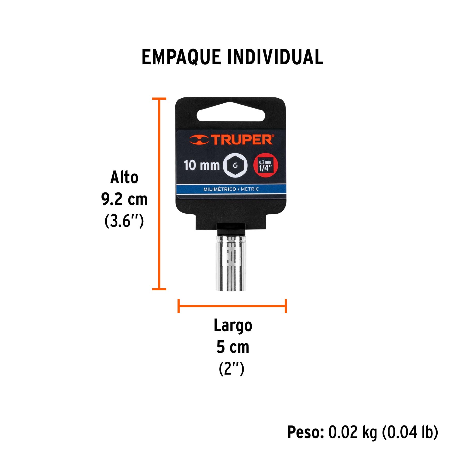 Dado de 10 mm, 6 puntas, cuadro 1/4", TRUPER - Empaque