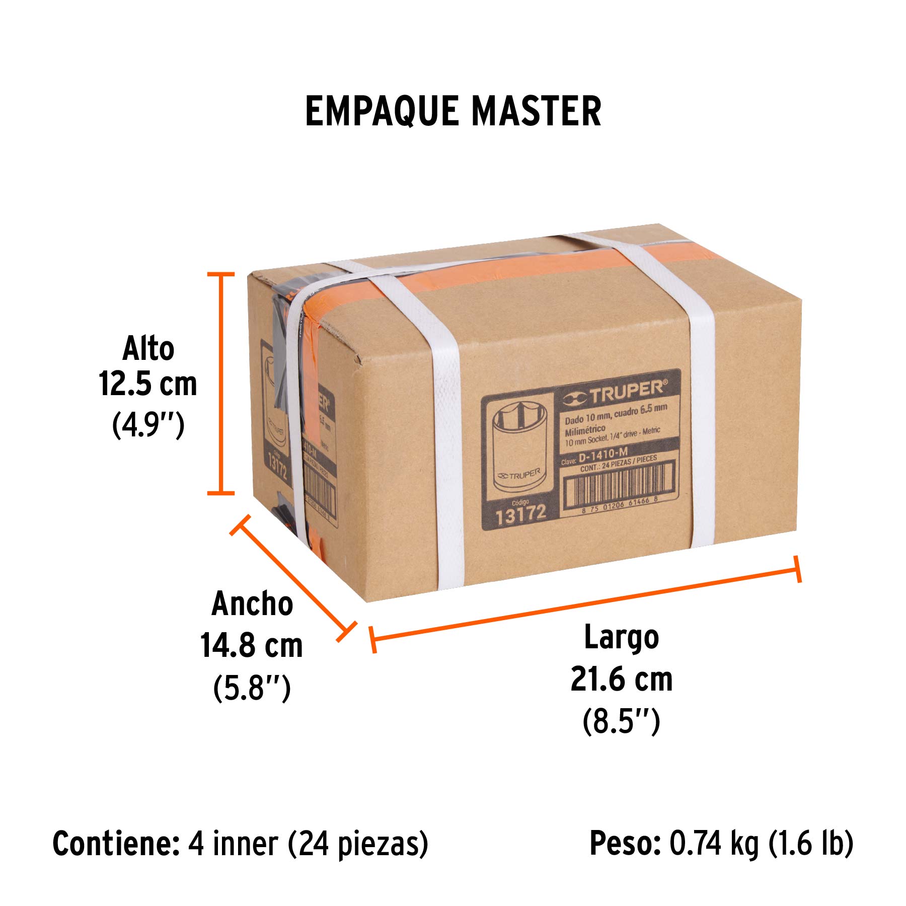 Dado de 10 mm, 6 puntas, cuadro 1/4", TRUPER - Empaque