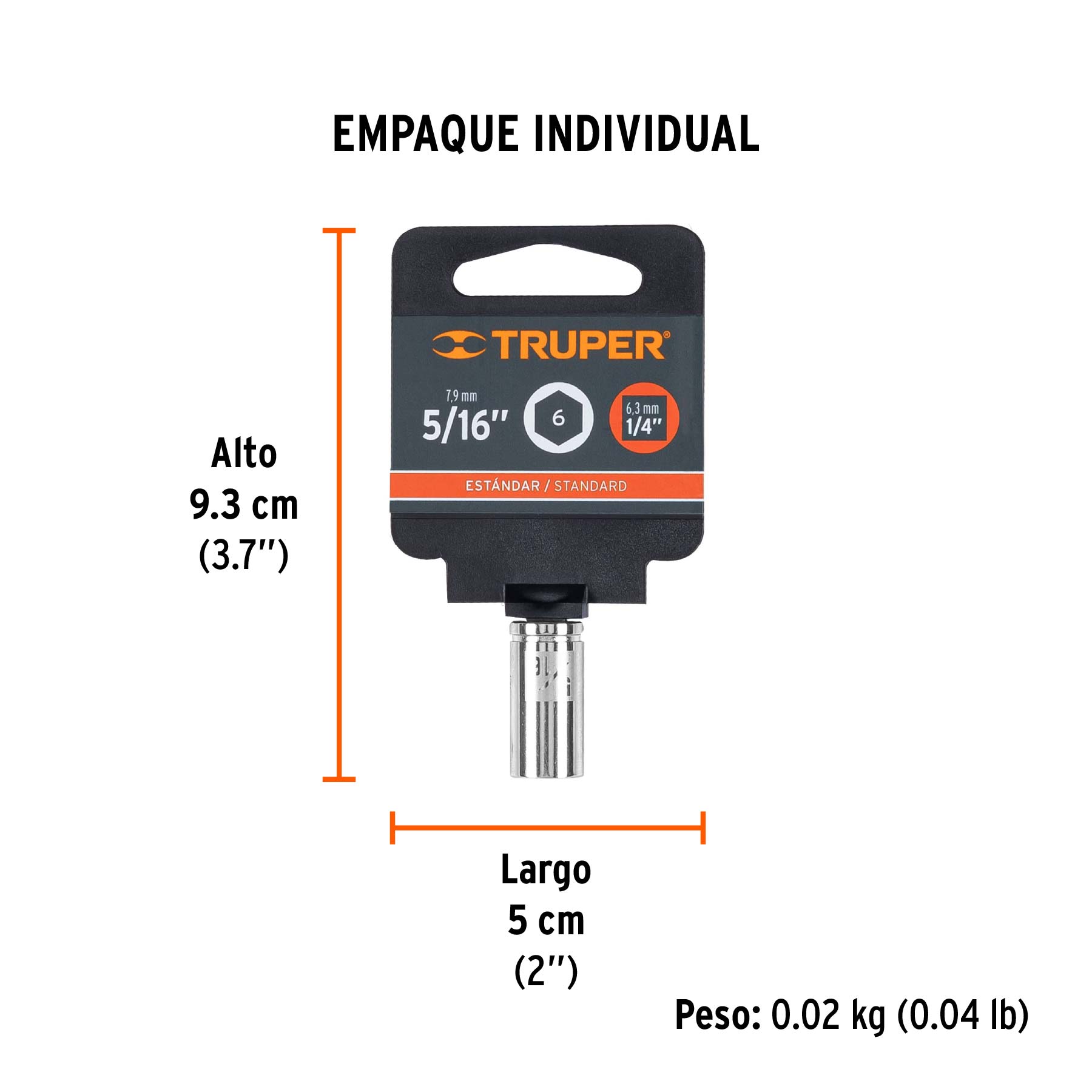 Dado de 5/16", 6 puntas, cuadro 1/4", TRUPER - Empaque