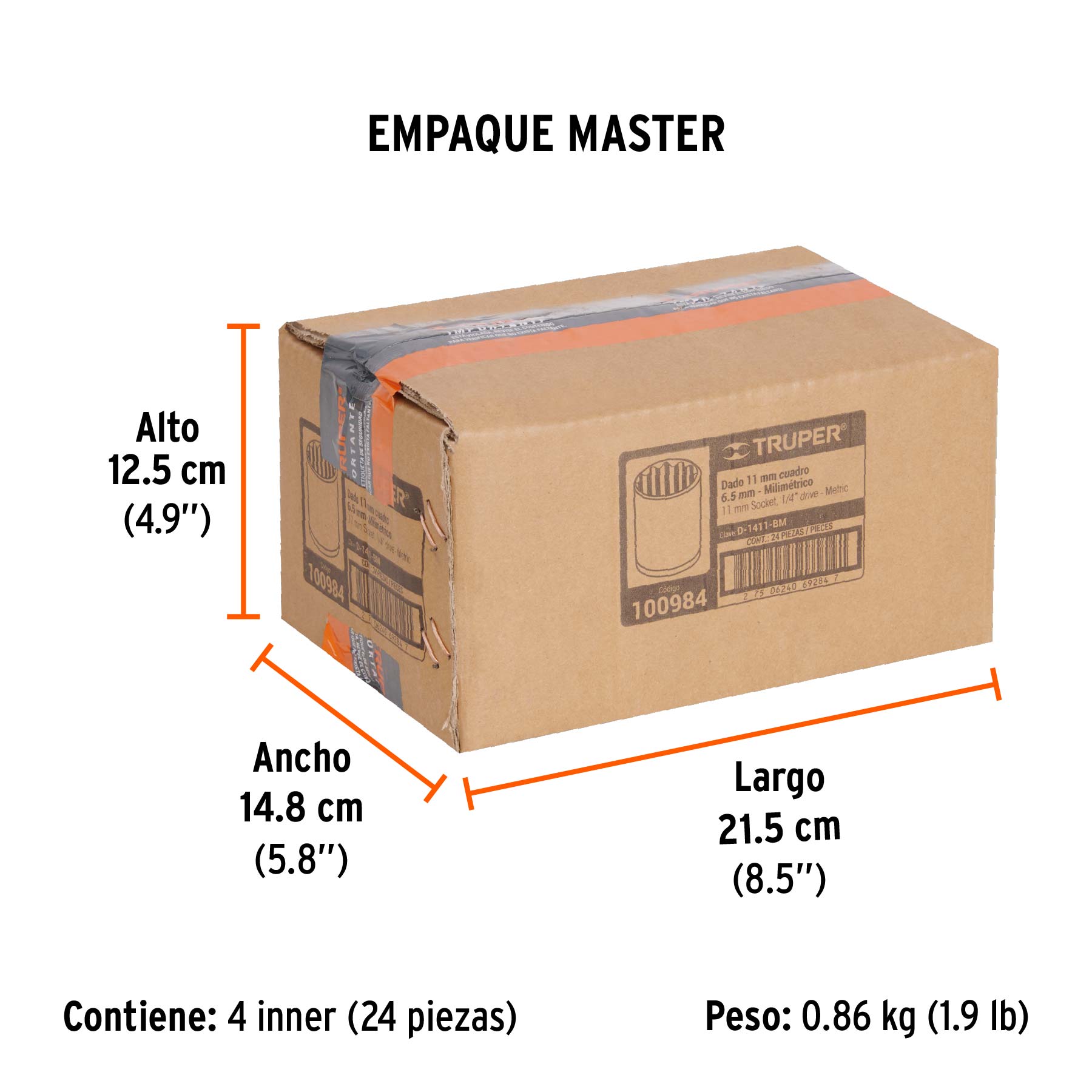 Dado de 11 mm, 12 puntas, cuadro 1/4", TRUPER - Empaque