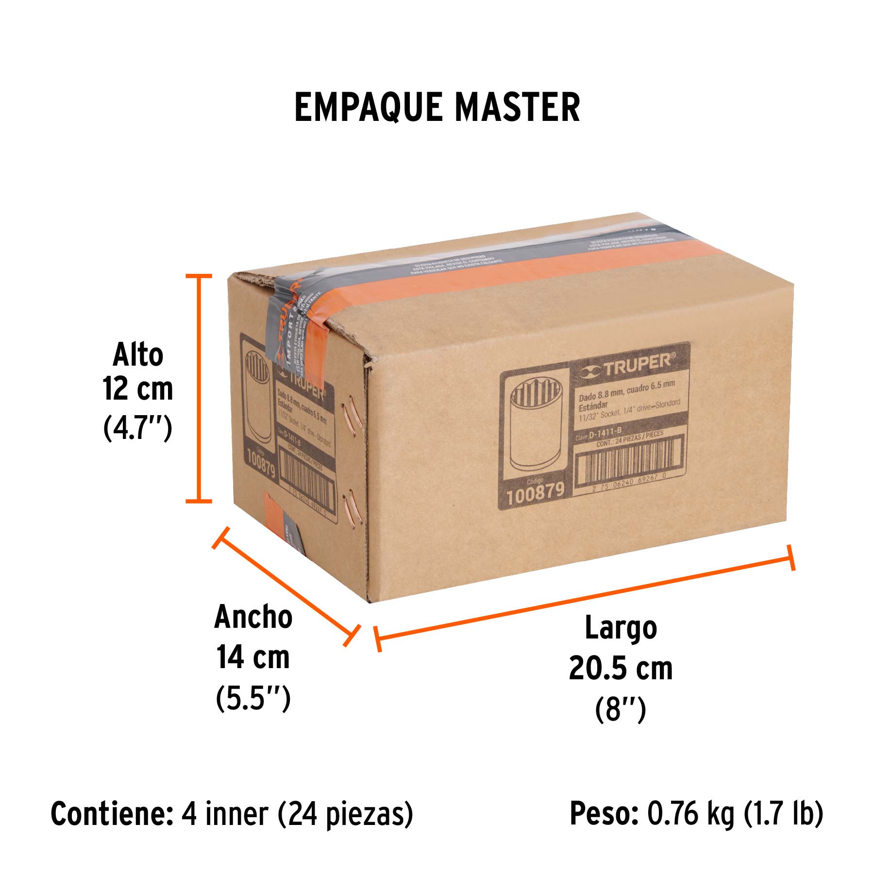 Dado de 11/32", 12 puntas, cuadro 1/4", TRUPER - Empaque