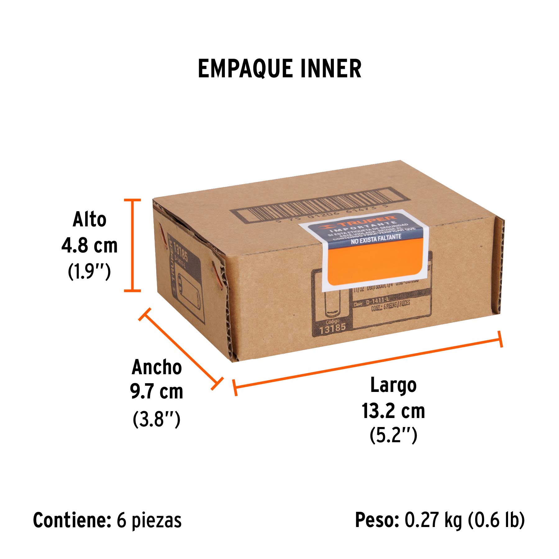 Dado largo de 11/32", 6 puntas, cuadro 1/4", TRUPER - Empaque