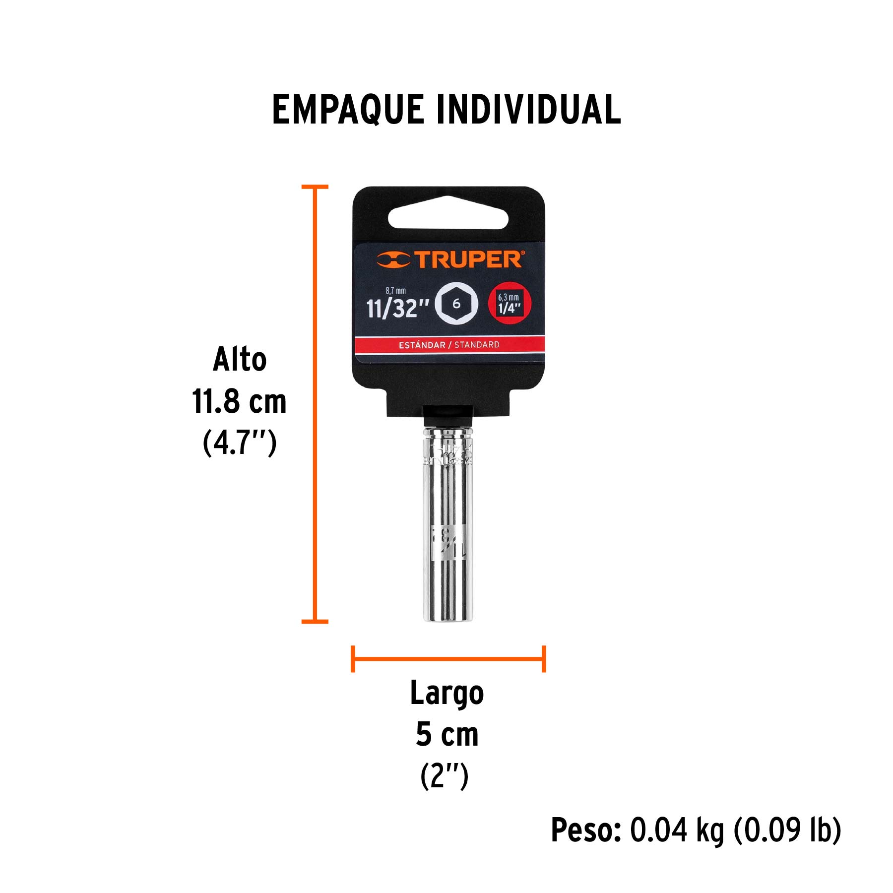 Dado largo de 11/32", 6 puntas, cuadro 1/4", TRUPER - Empaque