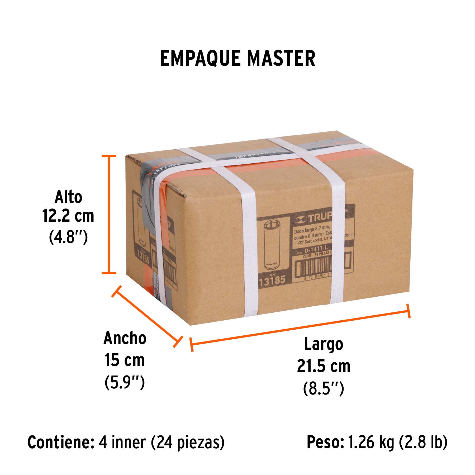 Dado largo de 11/32", 6 puntas, cuadro 1/4", TRUPER - Empaque
