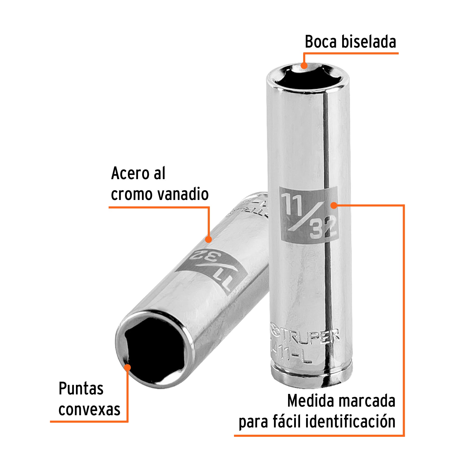 Dado largo de 11/32", 6 puntas, cuadro 1/4", TRUPER