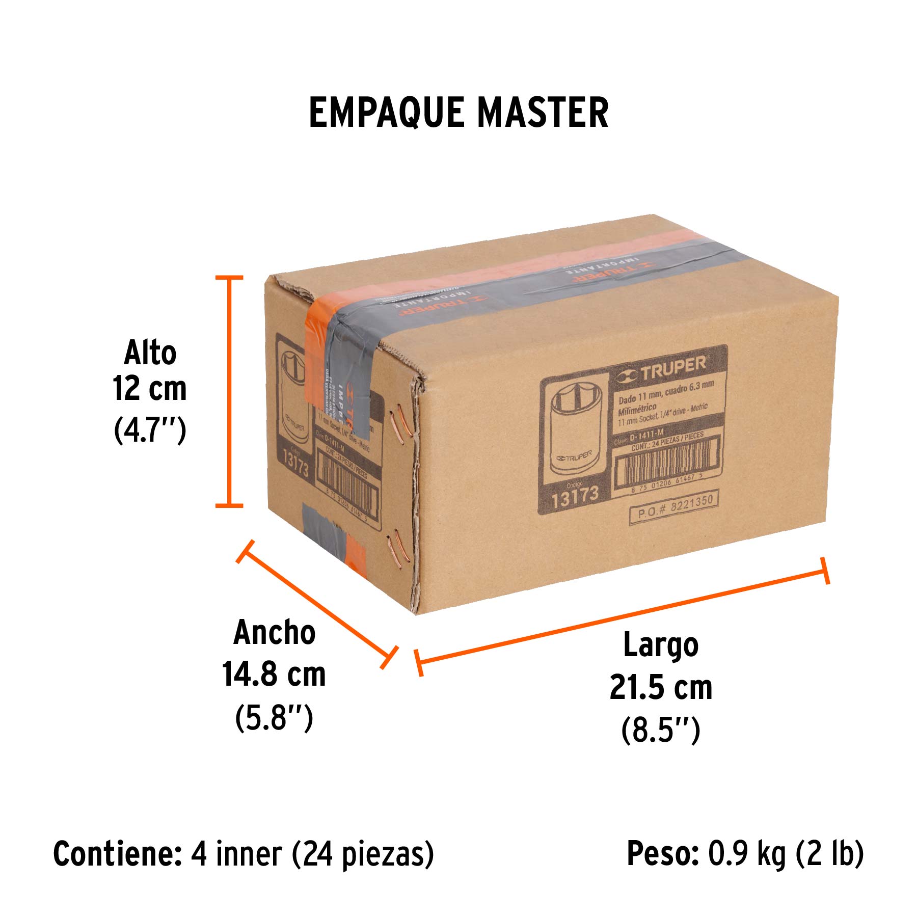 Dado de 11 mm, 6 puntas, cuadro 1/4", TRUPER - Empaque