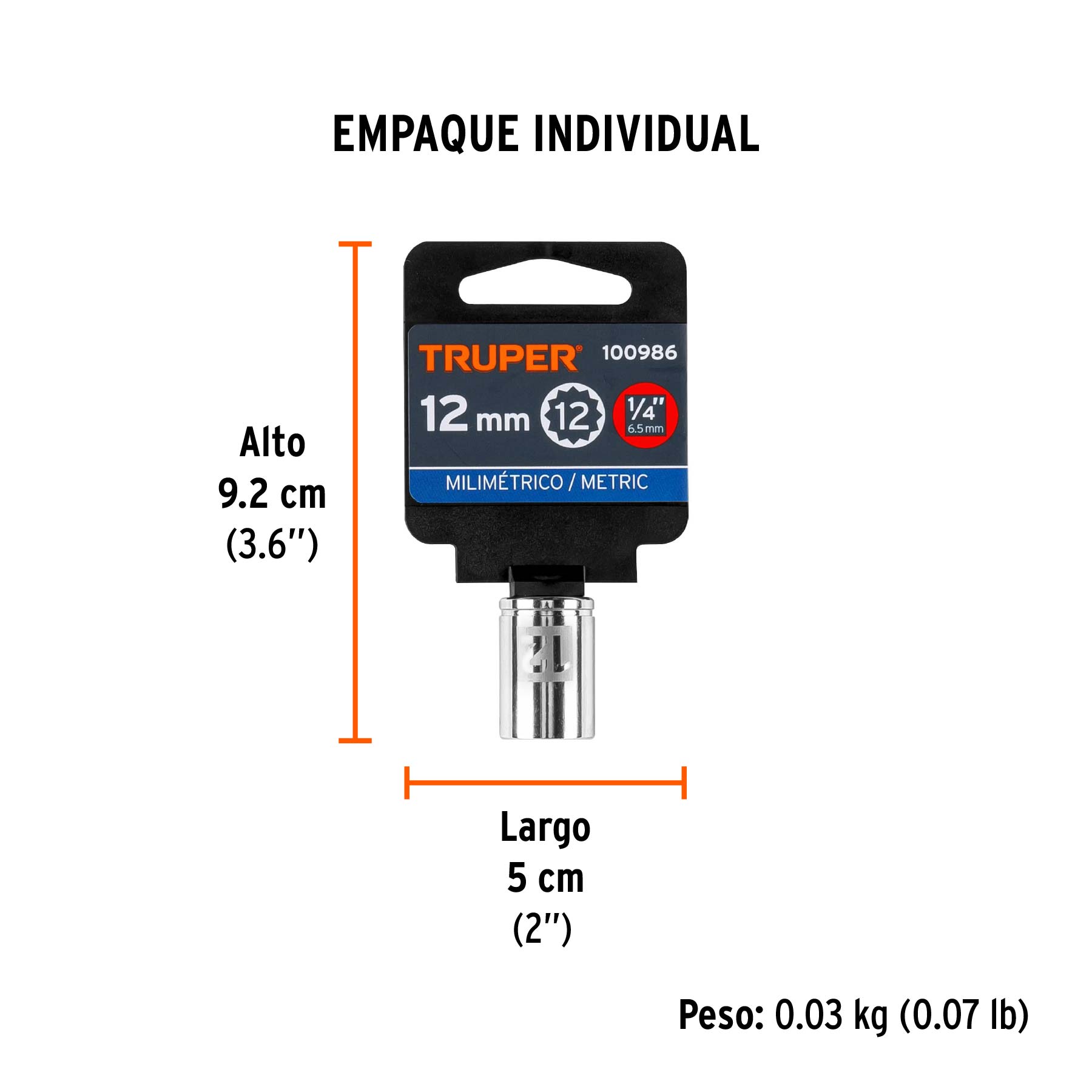 Dado de 12 mm, 12 puntas, cuadro 1/4", TRUPER - Empaque
